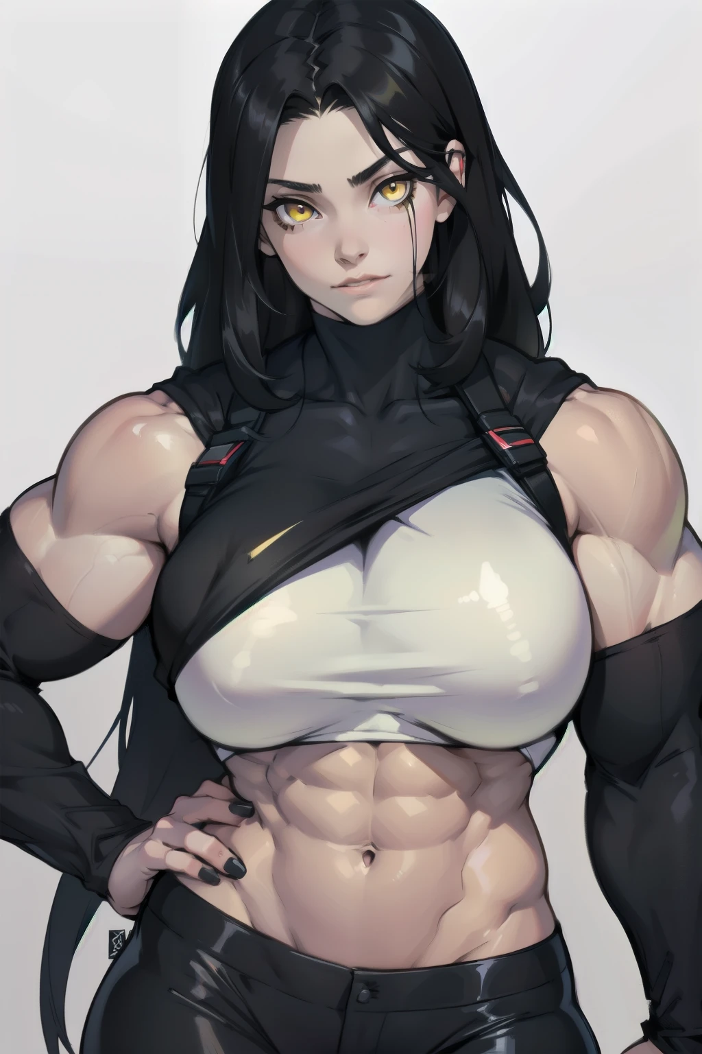 huge breasts pale skin very long hair black hair yellow eyes ((((((1 girl)))))) (((((muscular)))))