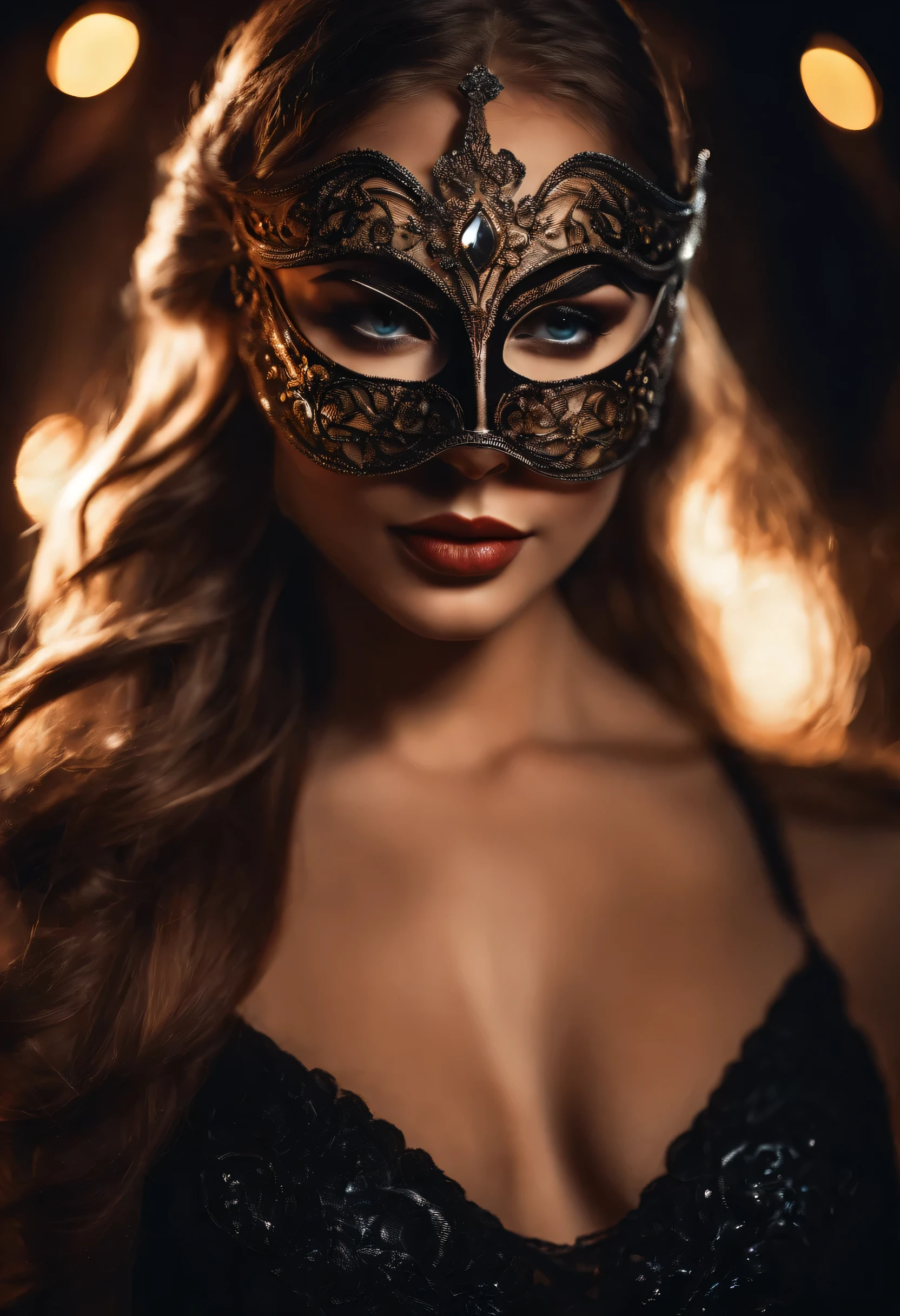 sexy russian girl wearing a mask that covers only the left side of the face, with cinematic lights ,