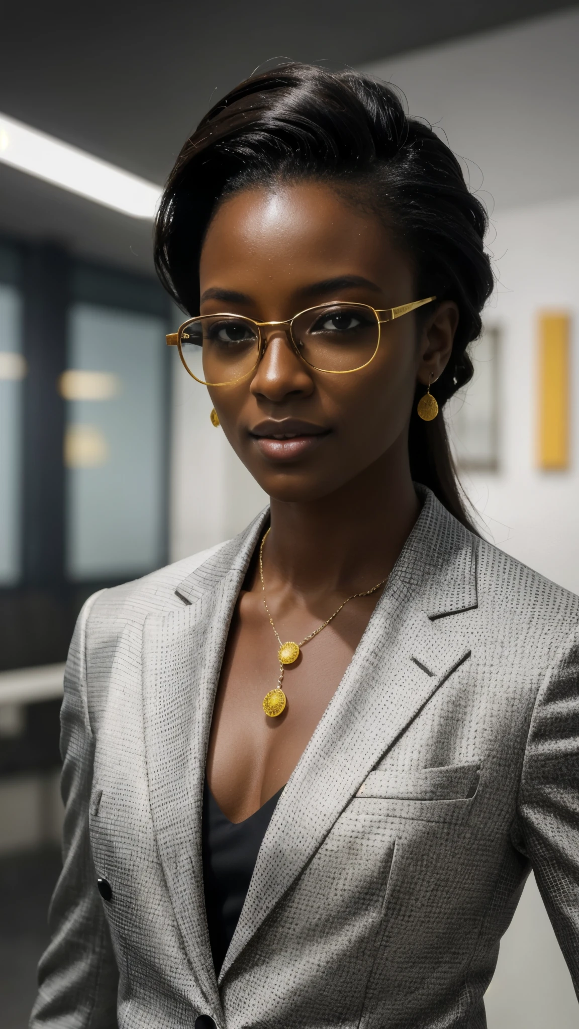 a dark-skinned businesswoman wearing bright glasses, cabelo brilhante, pele brilhante, roupas brilhantes, obra de arte, detalhes extremos, detalhado, foco, obra de arte, realista, photorealista, 4K, 8k, 16k, high resolution