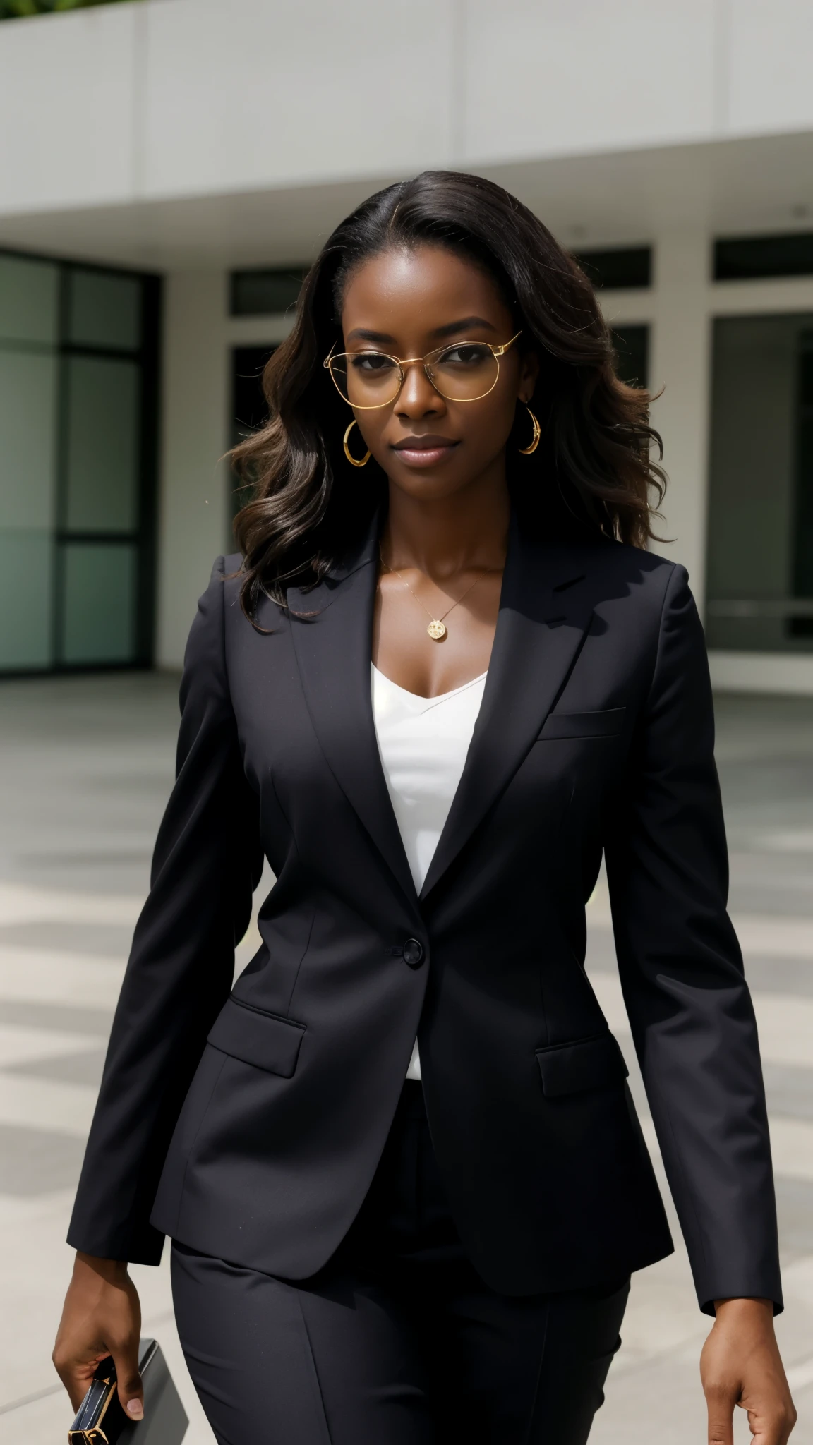 a dark-skinned businesswoman wearing bright glasses, cabelo brilhante, pele brilhante, roupas brilhantes, obra de arte, detalhes extremos, detalhado, foco, obra de arte, realista, photorealista, 4K, 8k, 16k, high resolution