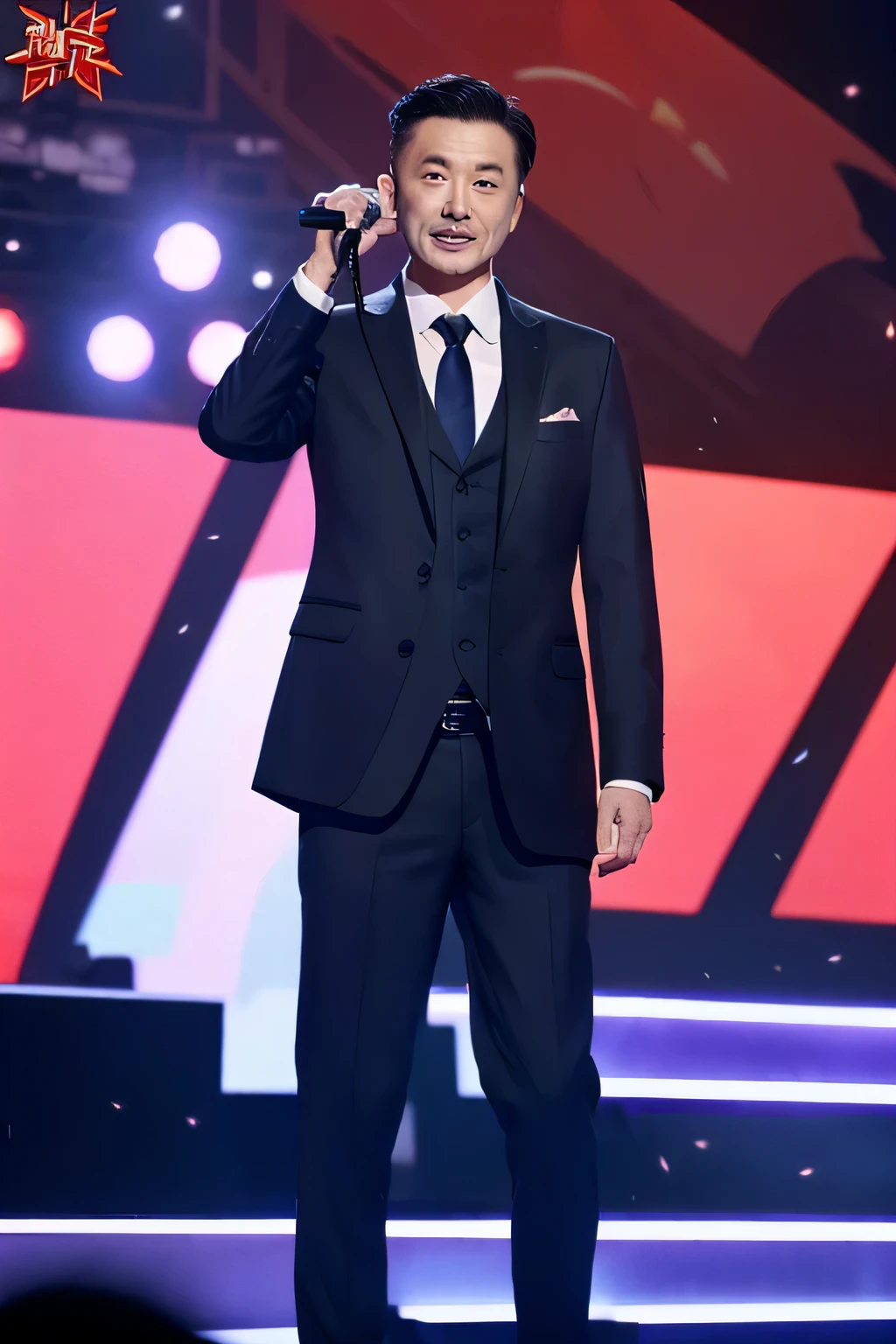 A Chinese man in his 50s, wearing a suit, holding a microphone, Speech on stage,16:9, Surrealism