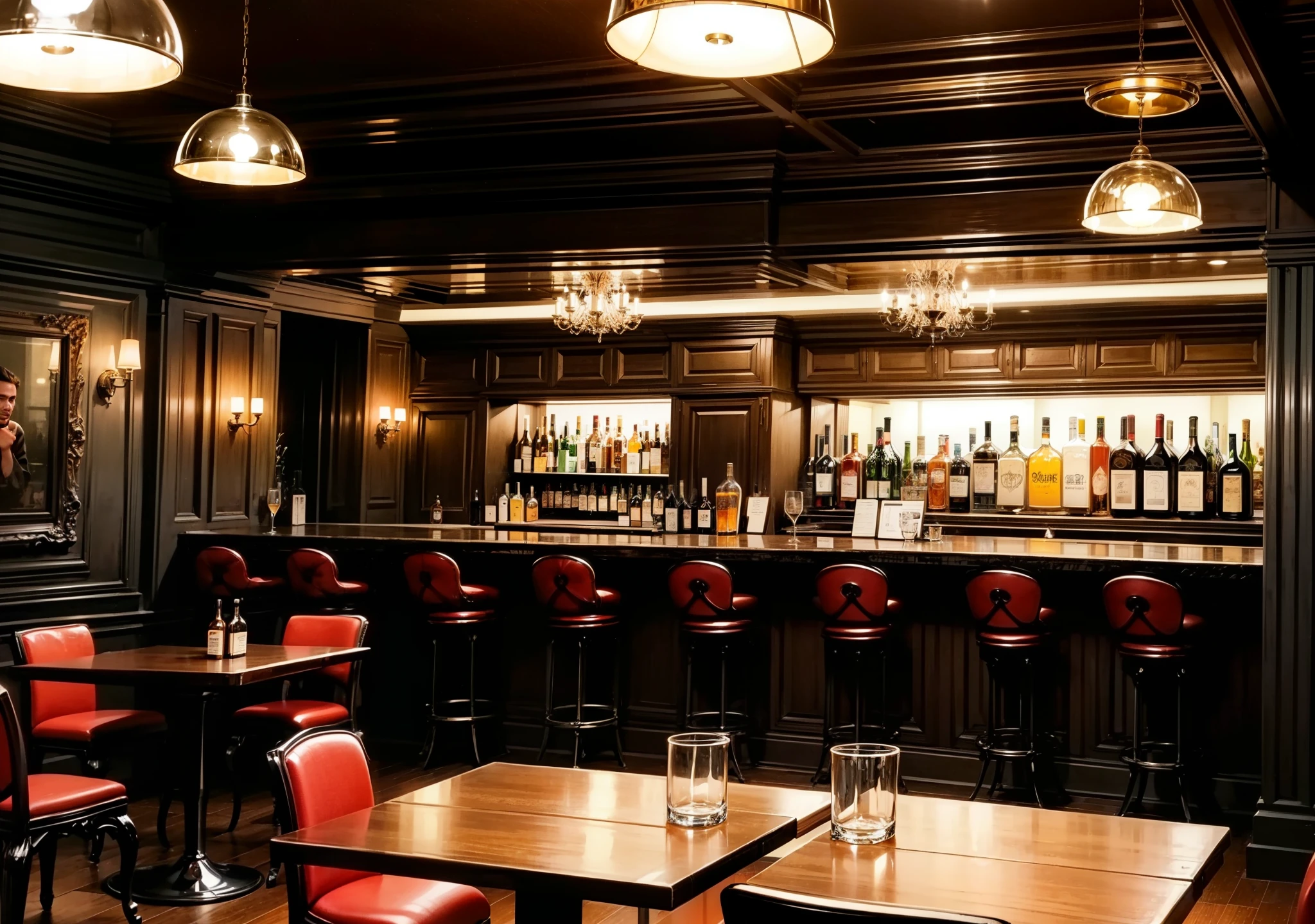 a dark empty 90s English bar with chairs and tables with soft lighting