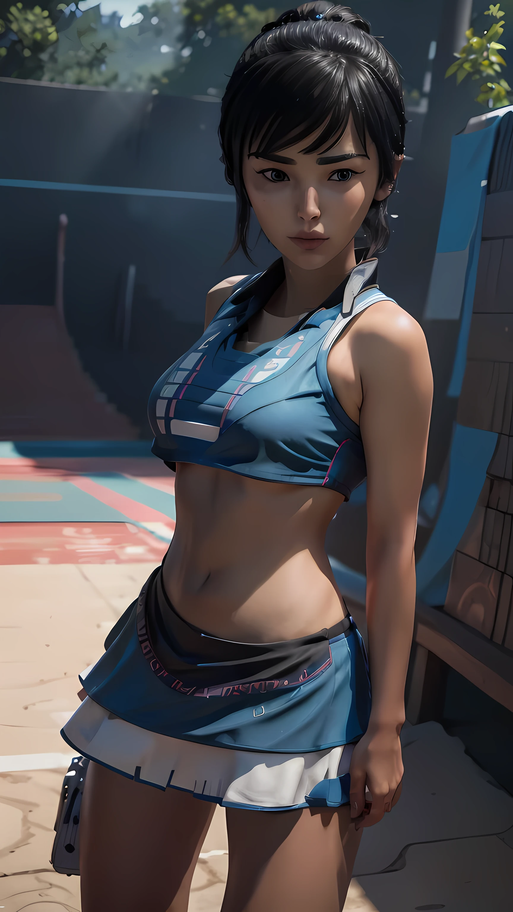 KenaBridgeofSpirits, tennis outfit, tennis court, 1girl, black hair, blue eyes, full body shot, (((bikini))), mature face, 27 years old, ( masterpiece, best quality, highres:1.3), masterpiece:1.2), (best quality), (ultra detailed), (8k, 4k, intricate), (highly detailed:1.2), (masterpiece),((ultra-detailed)), (highly detailed CG illustration), (best quality:1.2),realistic8K UHD,High definition,High quality texture, (breast:1.5)