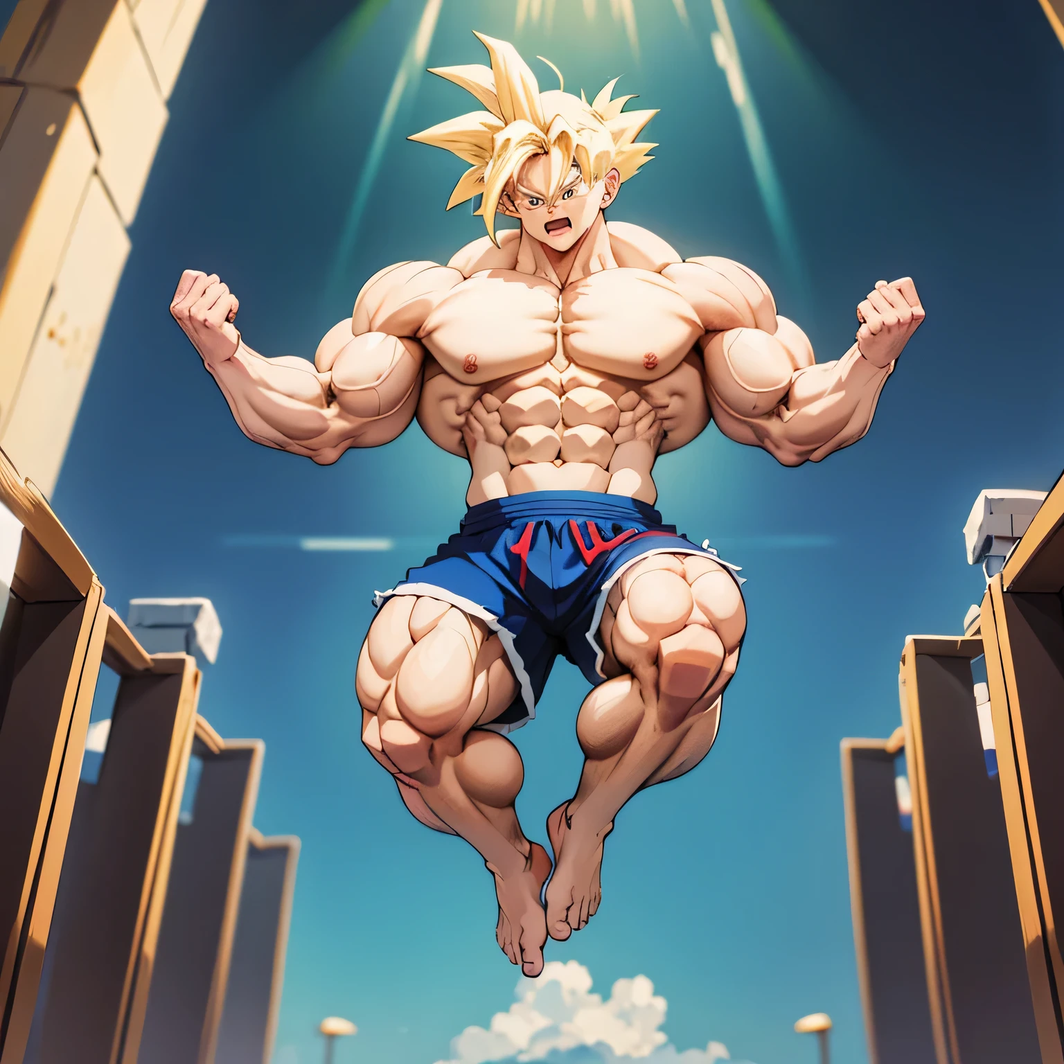 Bodybuilder Character A cartoon of a man with a very big muscular body jumping in the air ...