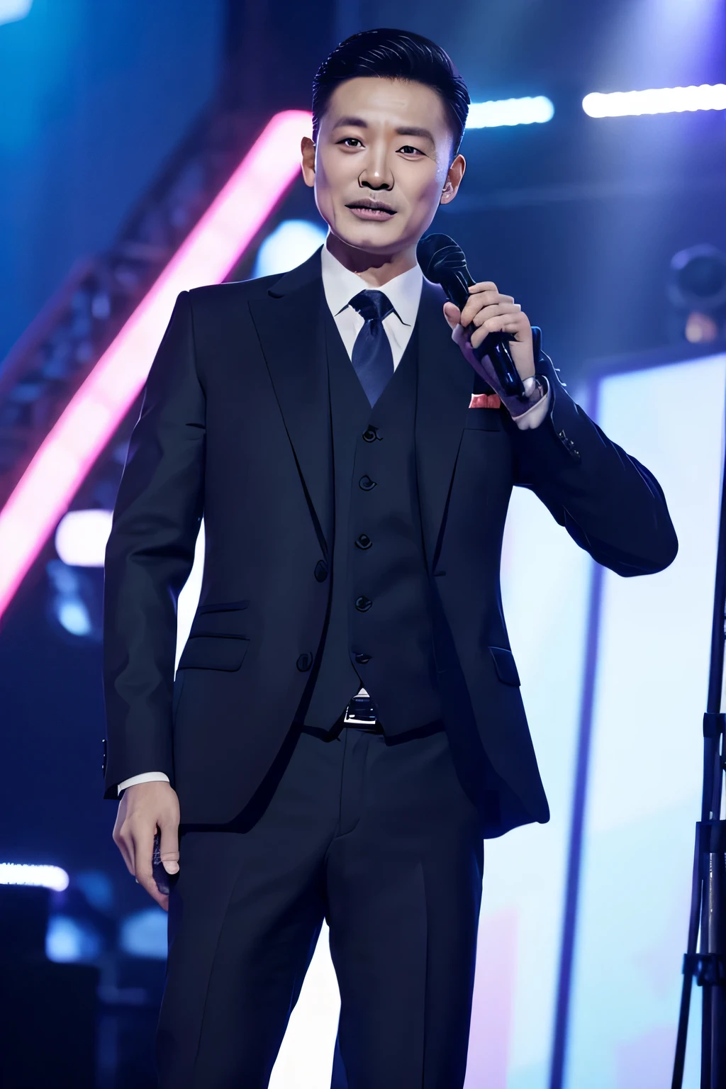 A Chinese man in his 50s, wearing a suit, holding a microphone, Speech on stage,16:9, Surrealism