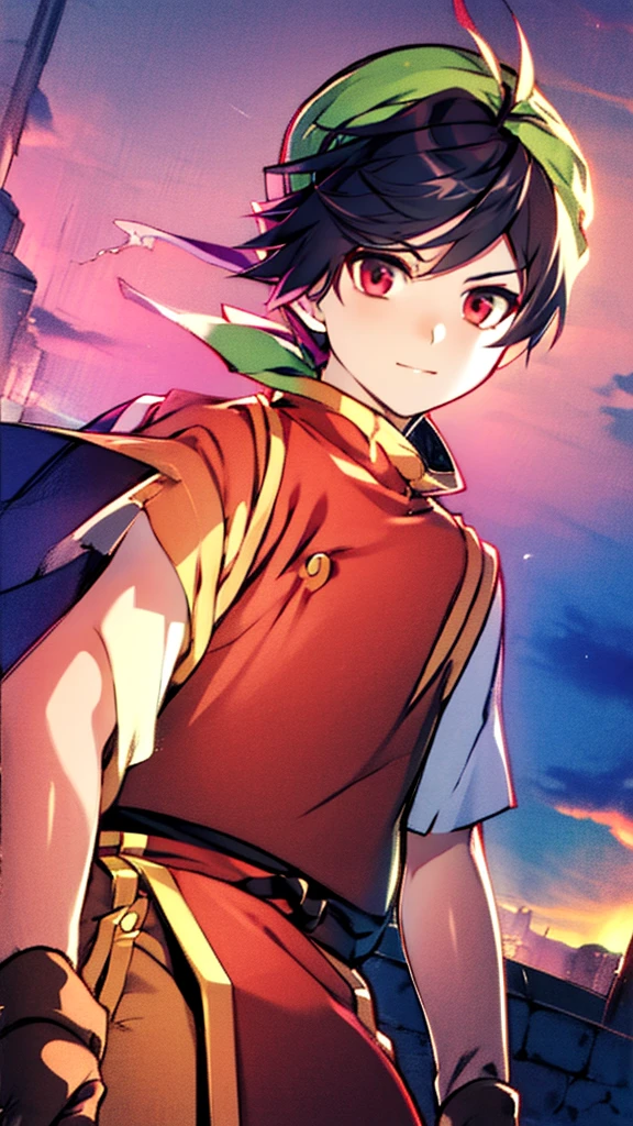 (high-quality, breathtaking),(expressive eyes, perfect face) ( masterpiece, anime screencap), Tir McDohl, 1boy, male, solo, young adult, medium hair length, spiky hair, soft wave, black hair color, red highlights in hair, deep red eye color, calm expression, mature, kind expression, haunting red background, slightly narrow eyes, detailed eyes, bandana, chinese clothes, red shirt, white sleeves, yellow pants, cowboy shot, starry night