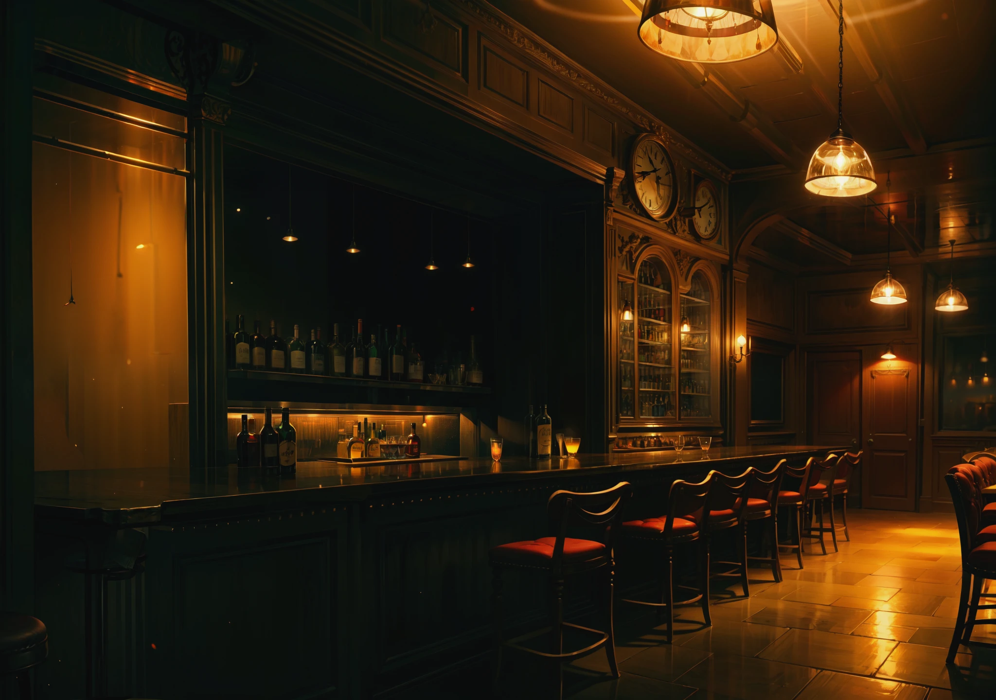 a dark empty 90s English bar with chairs and tables with soft lighting 