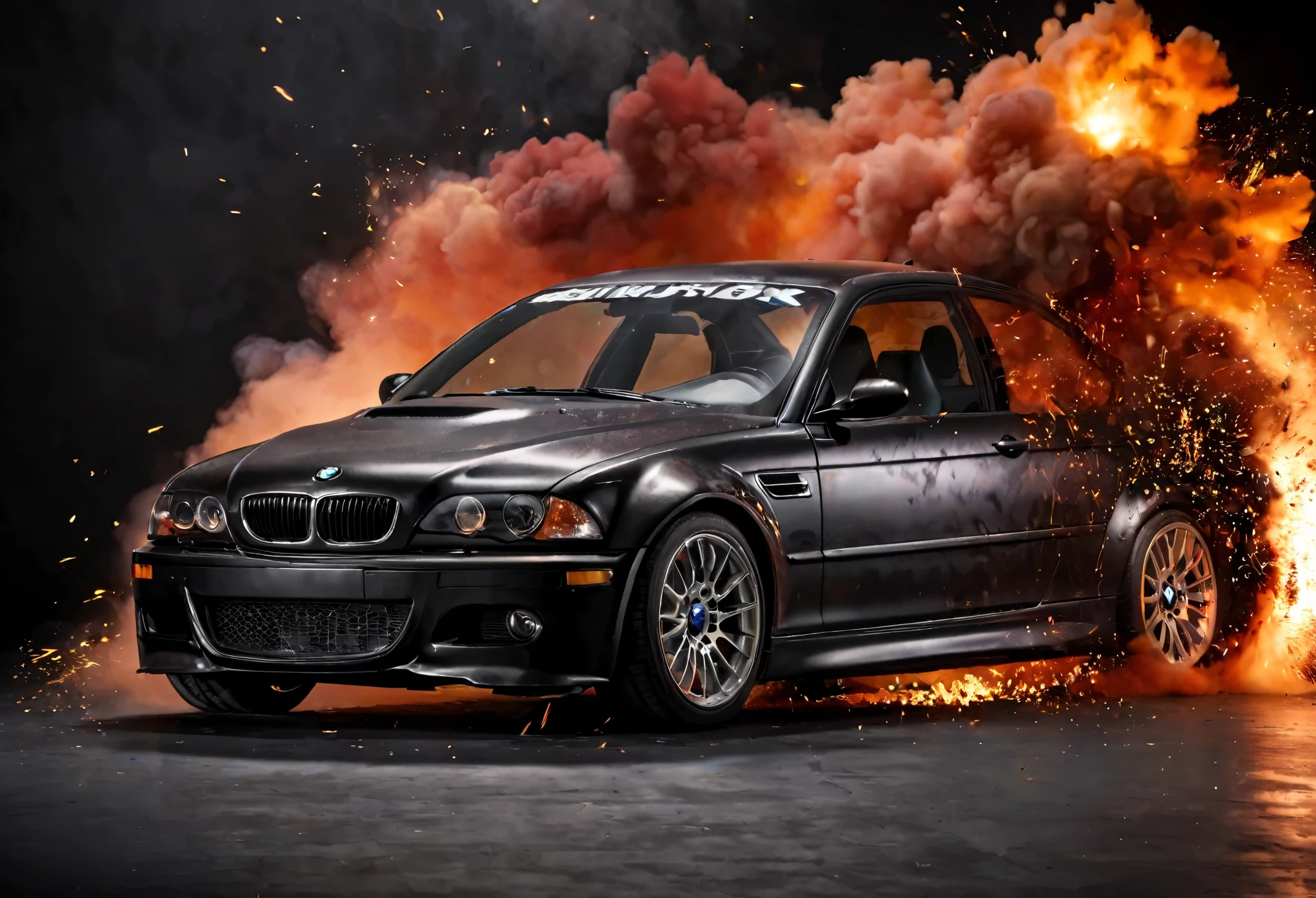 BMW M3 E46, dans un studio professionnel, fond noir, explosion de poudre colorée derrière, 4K, high quality, very realistic