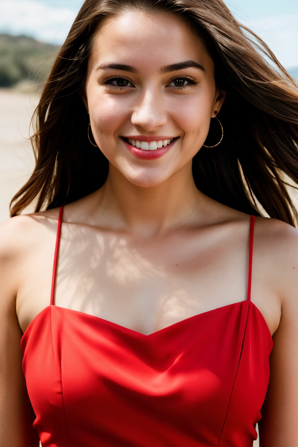 RAW photo, face portrait photo of beautiful 26 y.o woman, cute face, wearing red dress, happy face, hard shadows, cinematic shot, dramatic lighting, naked