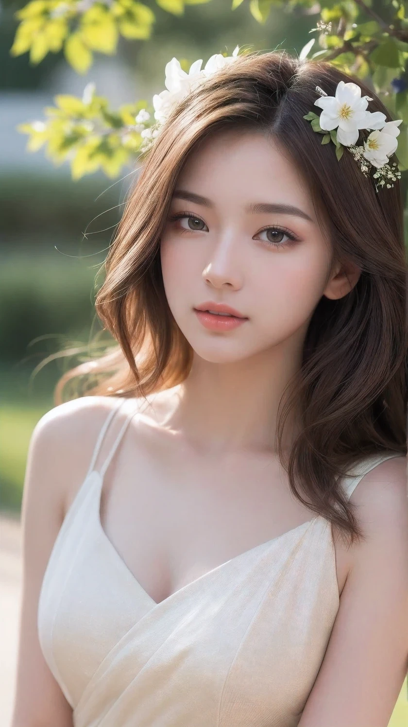 (best quality,Super detailed,lifelike:1.37),bright colors,studio lighting,Beautiful and delicate eyes,Beautiful and delicate lips,Extremely detailed eyes and face,long eyelashes,portrait,light brown hair,confident expression,feminine,standing in the garden,soft sunshine,green landscape,bloom,peaceful atmosphere,Artistic touch,textured brushstrokes,subtle color variations,bright white highlights,Delicate movements,graceful posture,breeze,rustling leaves,Sophisticated style,professional artwork,female beauty.