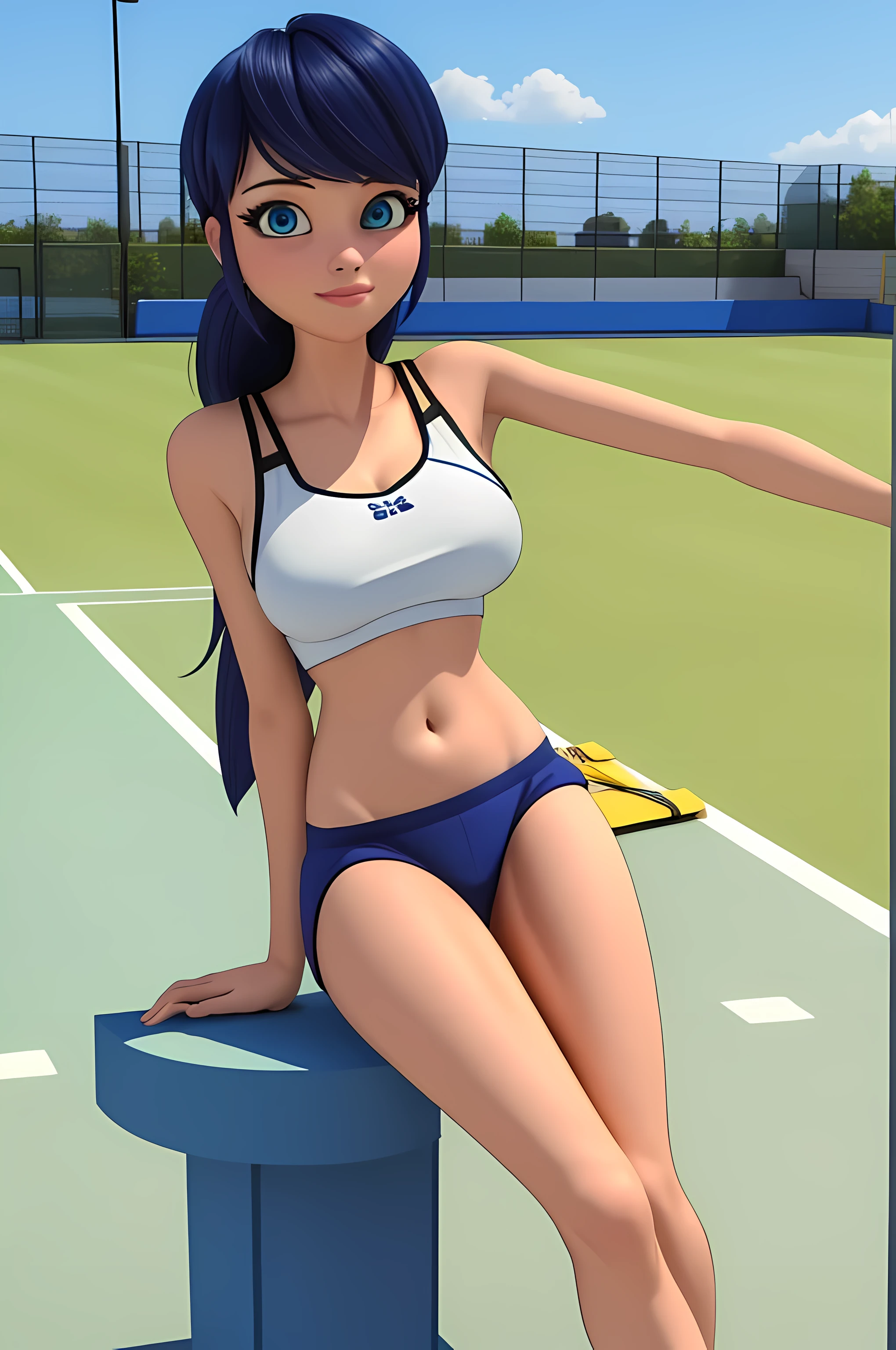marinette, sexy tennis outfit, tennis court, sexy pose, full body, (8k, RAW photo, best quality, masterpiece:1.2), (intricate details), perfect eyes, perfect face, perfect lighting, beautiful, (masterpiece:1.2), (best quality:1.2), 1girl, solo, , blue hair, ((long hair down)), adult torso, 21 years old, slight smile, (large breasts:1.4), 3DMM, (perfect body:1.5), (3D)