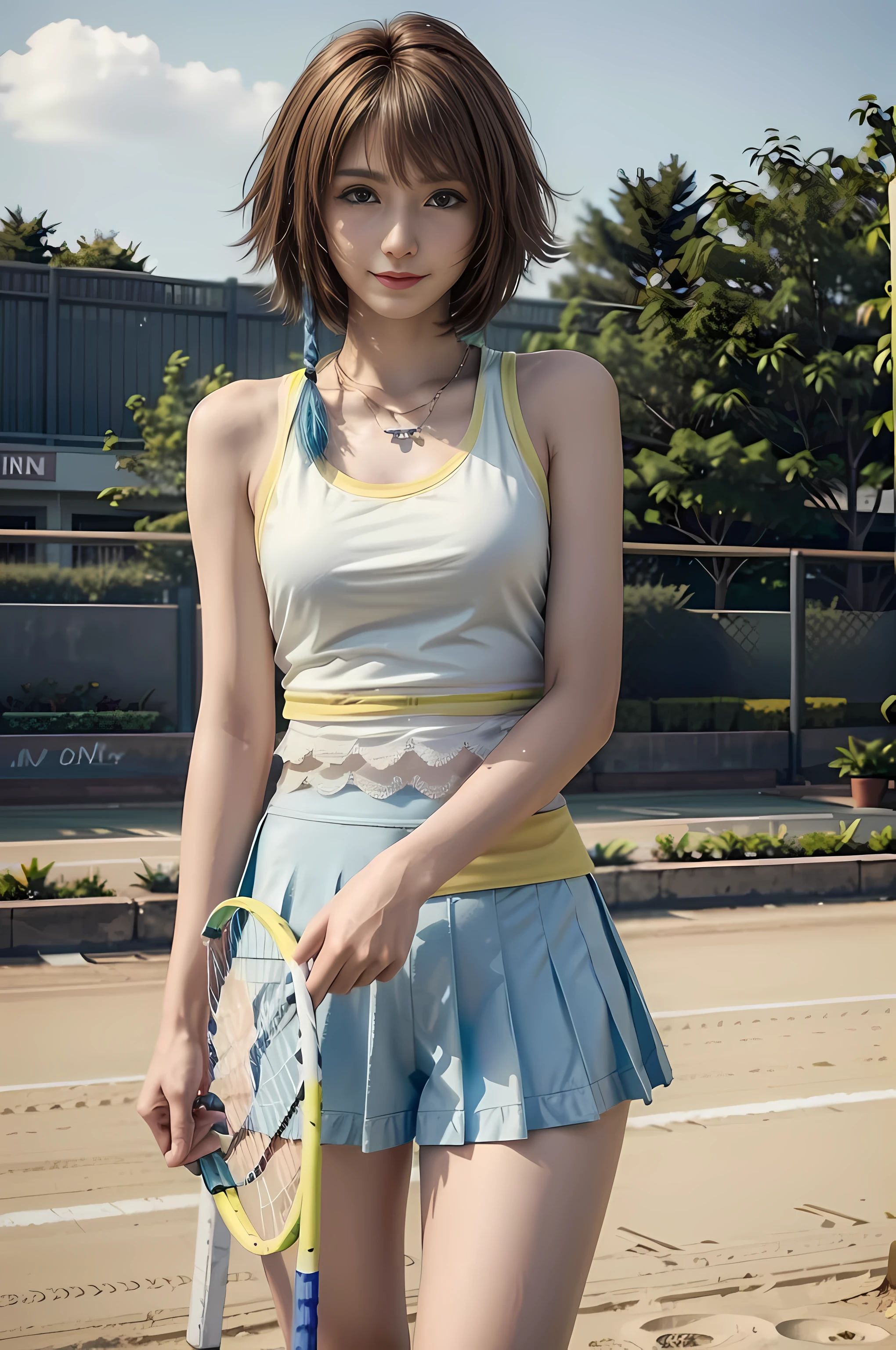 (masterpiece, best quality:1.3)
YunaFF10,  1girl, solo, looking at viewer, smile, short hair, blue eyes, sexy tennis outfit, tennis court, brown hair, hair ornament, green eyes, smile, standing, yuna (ff10)