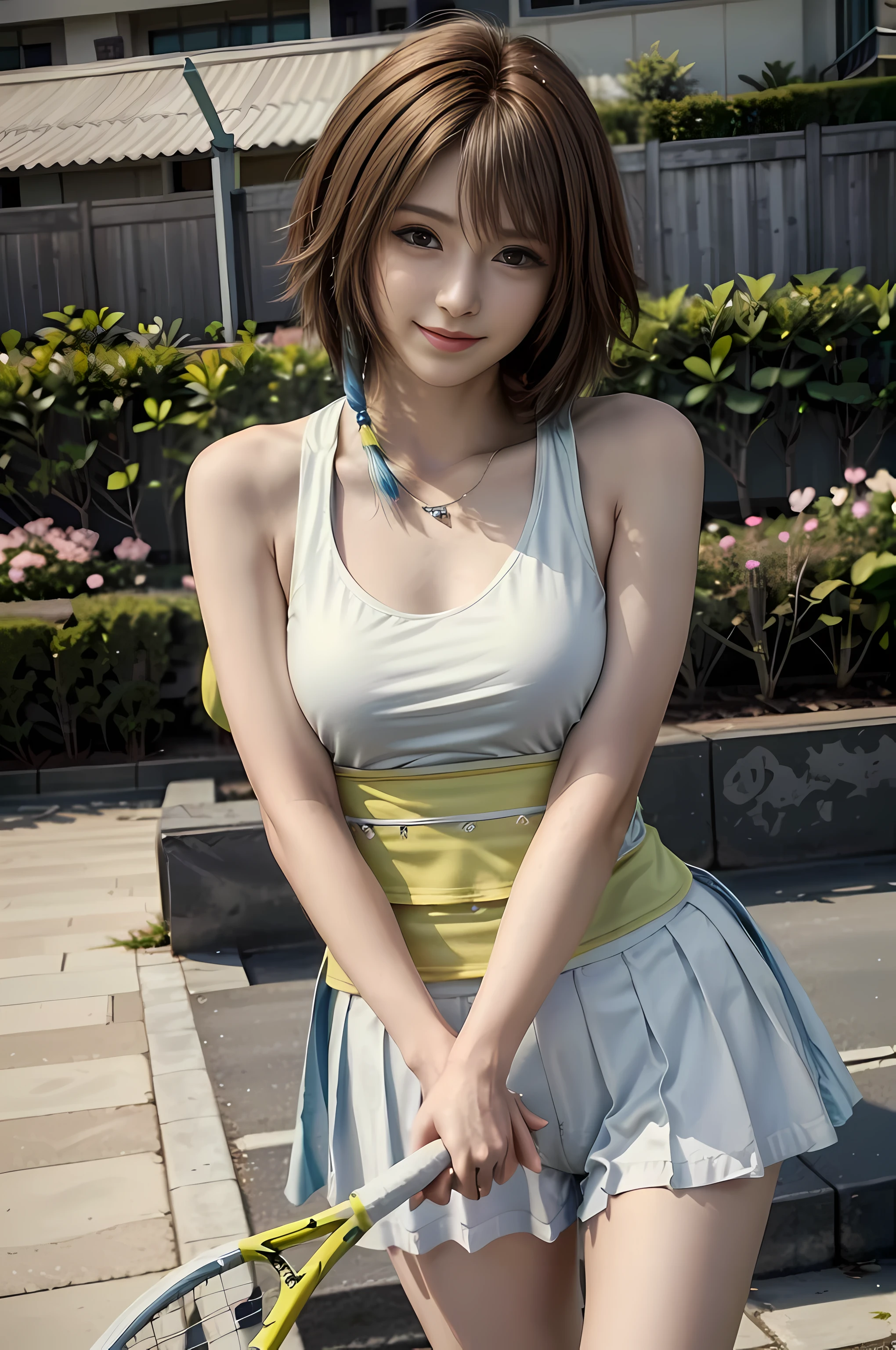 (masterpiece, best quality:1.3)
YunaFF10,  1girl, solo, looking at viewer, smile, short hair, blue eyes, sexy tennis outfit, tennis court, brown hair, hair ornament, green eyes, smile, standing, yuna (ff10)