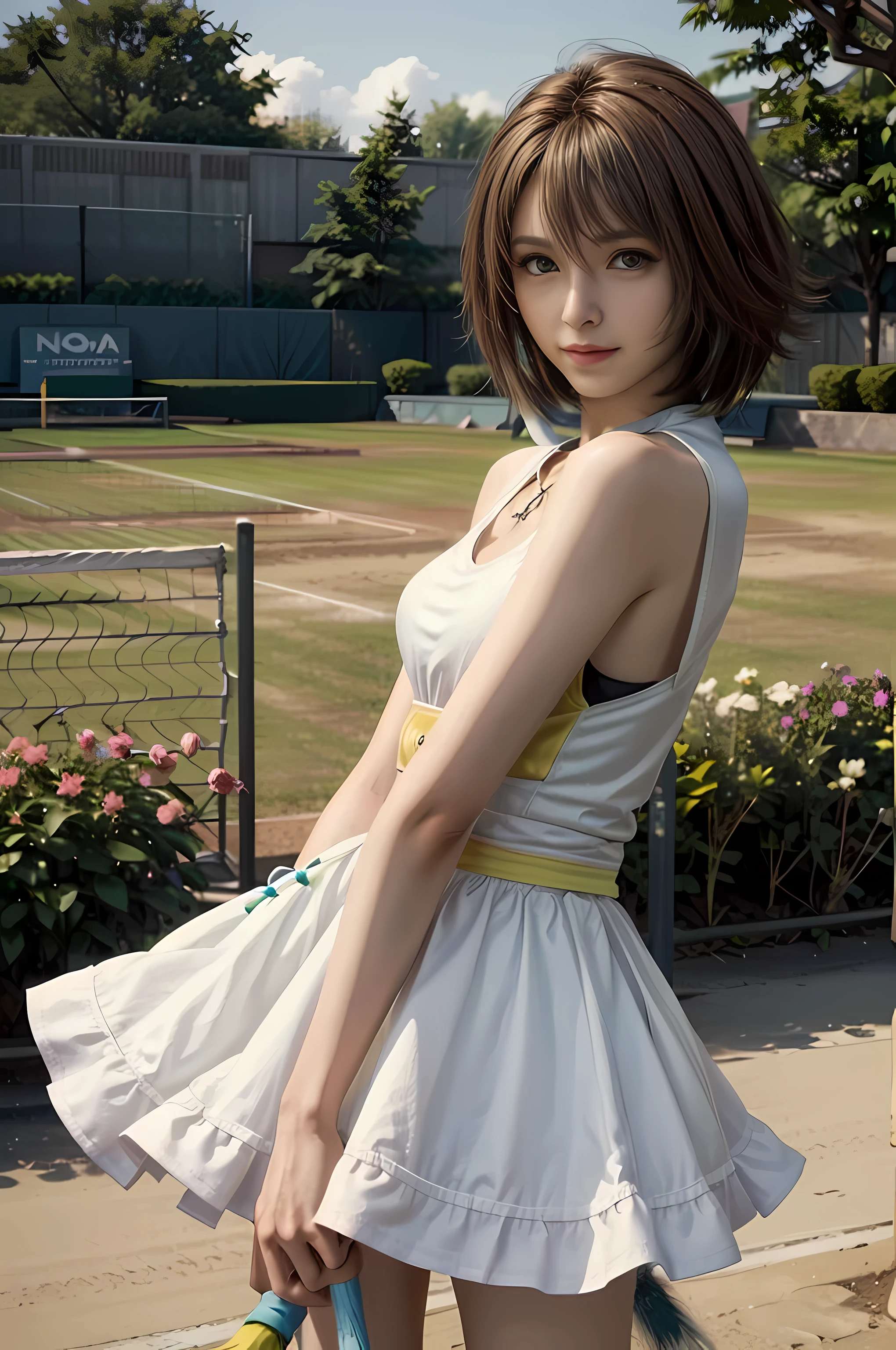 (masterpiece, best quality:1.3)
YunaFF10,  1girl, solo, looking at viewer, smile, short hair, blue eyes, sexy tennis outfit, tennis court, brown hair, hair ornament, green eyes, smile, standing, yuna (ff10)