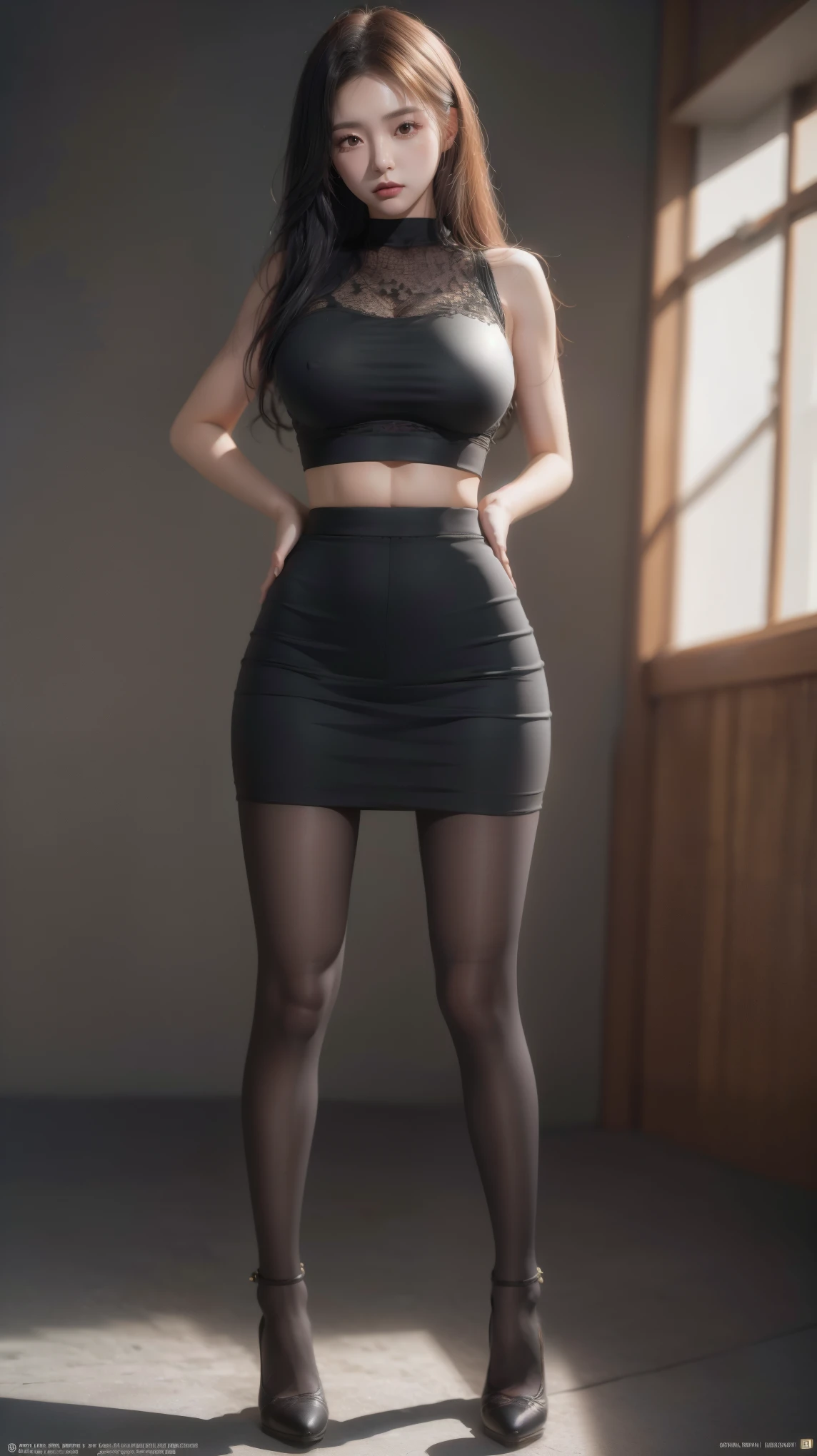  masterpiece, best quality, official art, model sheet, concept art, Large aperture, blurry background,(Perfect female body:1.2),(dark theme:1.3),(natural Skin texture, high clarity) ,
1girl, solo, fullbody, long hair, skirt, black hair, standing, pantyhose, pencil skirt, high heels,pencil_skirt,high_heels,handbag
 ,g008,,, g009,