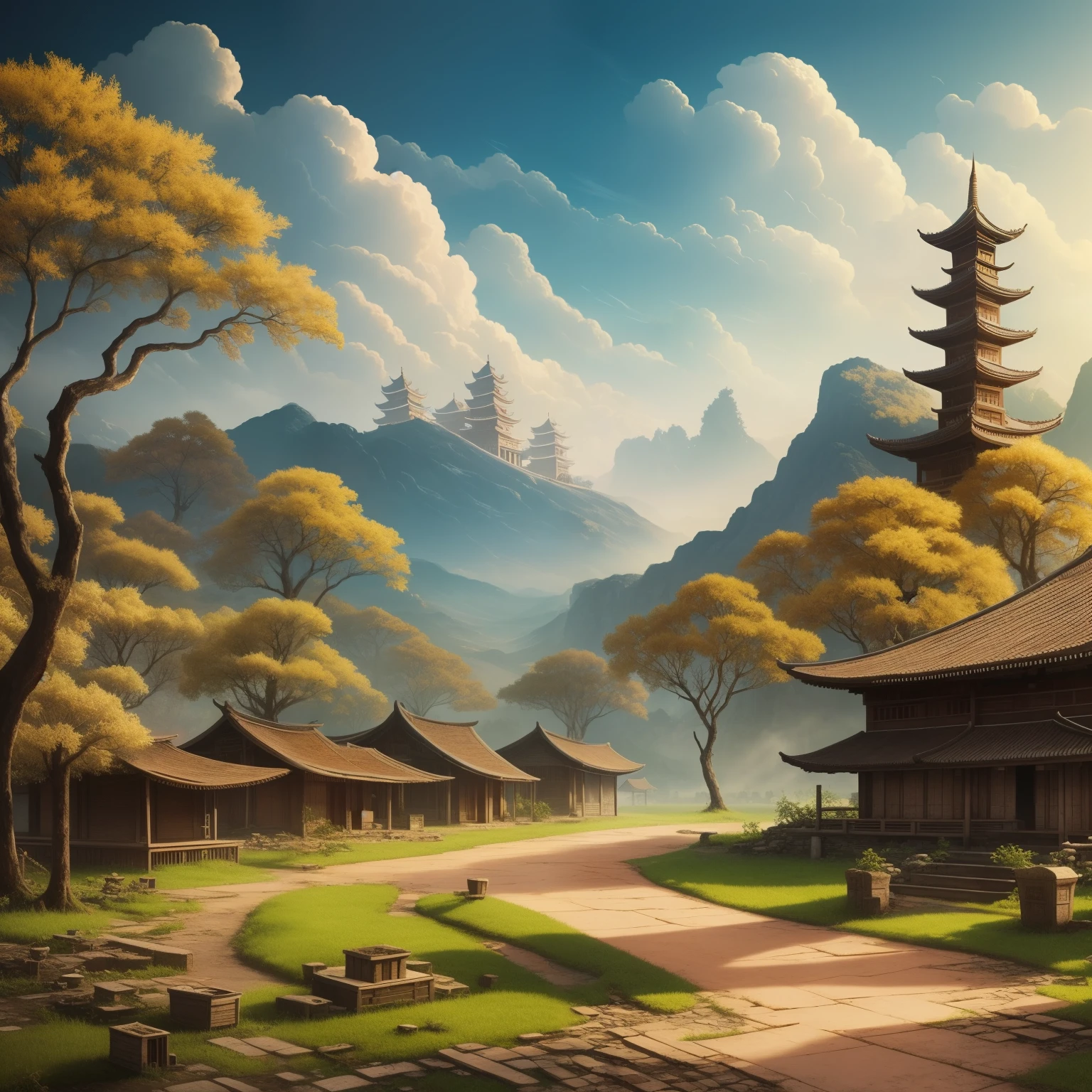 Colonization: Ancient Asian villages, now reclaimed by ethereal twisted plum trees, bear witness to a forgotten era of colonization. The diorama depicts intricately detailed macro photography of remnants from this bygone time - ceramic shards, weathered coins, and faded scrolls. The cloud-covered sky hosts clusters of spore clouds, a chilling reminder of the past. Surreal water art installations, with badly damaged walls and glowing flower-shaped clouds, dot the landscape. This high quality, extremely detailed CG unity 8k wallpaper captures the drama and intrigue of a colonized past, trending on artstation and CGsociety.