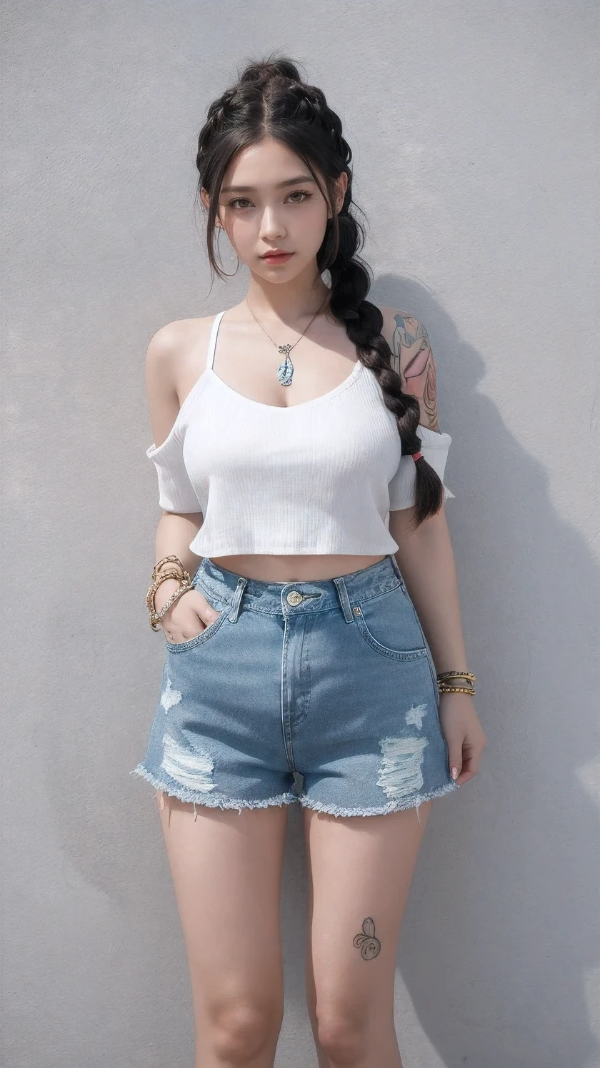 1 girl,alone,twin braids,braid,shorts,split,shoe,运动shoe,denim,tattoo,denim shorts,black hair,bracelet,hair past shoulders,jewelry,short shorts,blue shorts,