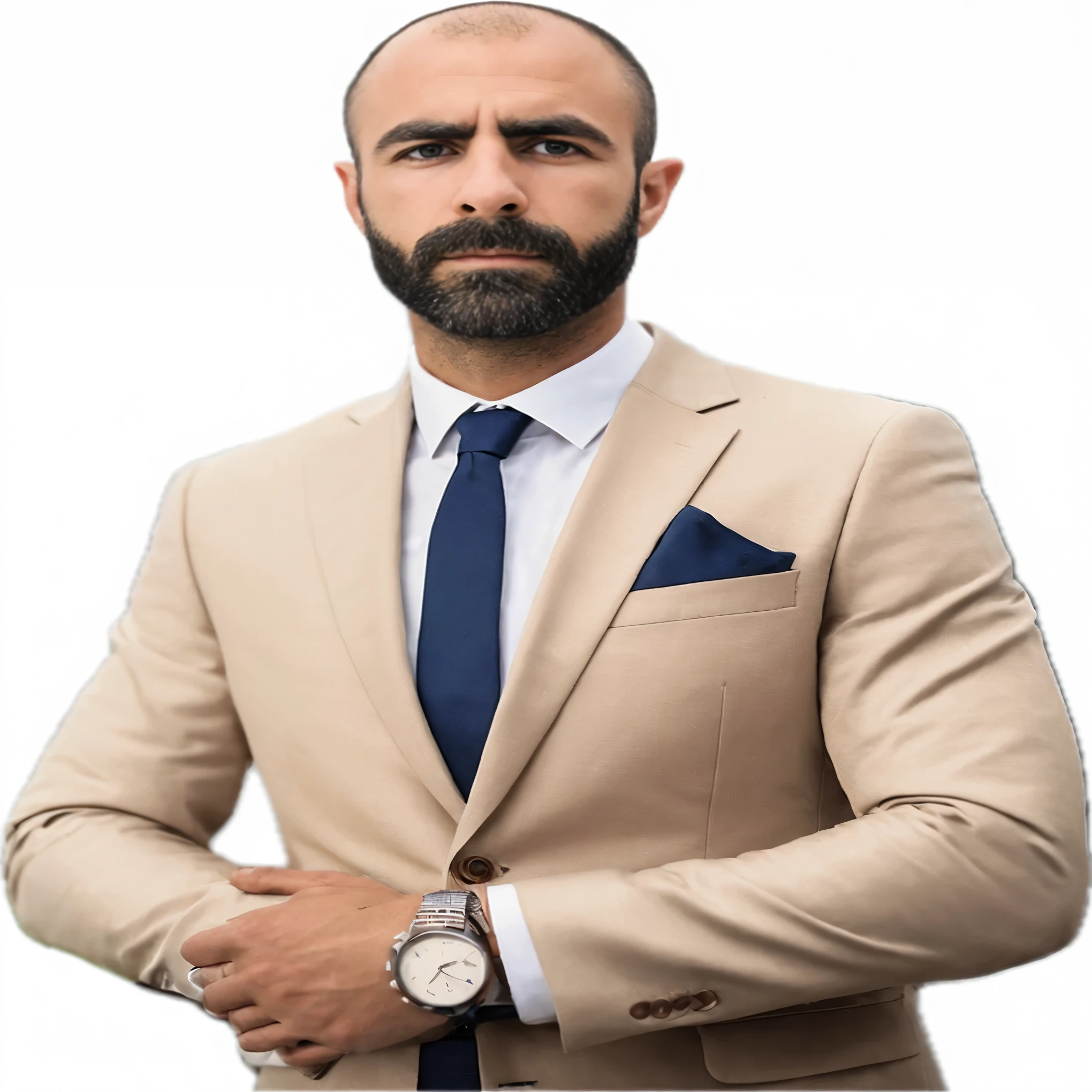 a close up of a man in a suit and tie with a watch, professional profile picture, high quality suit, white background