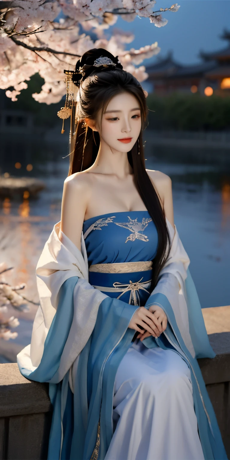 masterpiece,real photos,(solo) Real light and shadow,Backlight,Contour light,Shallow depth of field。night time,A beautiful Chinese woman with long reddish-brown hair is sitting by the hot spring water and holding a large cup of Starbucks coffee,looking into camera, Wearing red gorgeous Hanfu,The moonlight shines through her clothes onto her skin,Fireworks are set off by the lake with a full moon in the background,Surrounded by cherry blossom trees,The petals are scattered in the air and on the ground in the wind,Fireflies flying everywhere