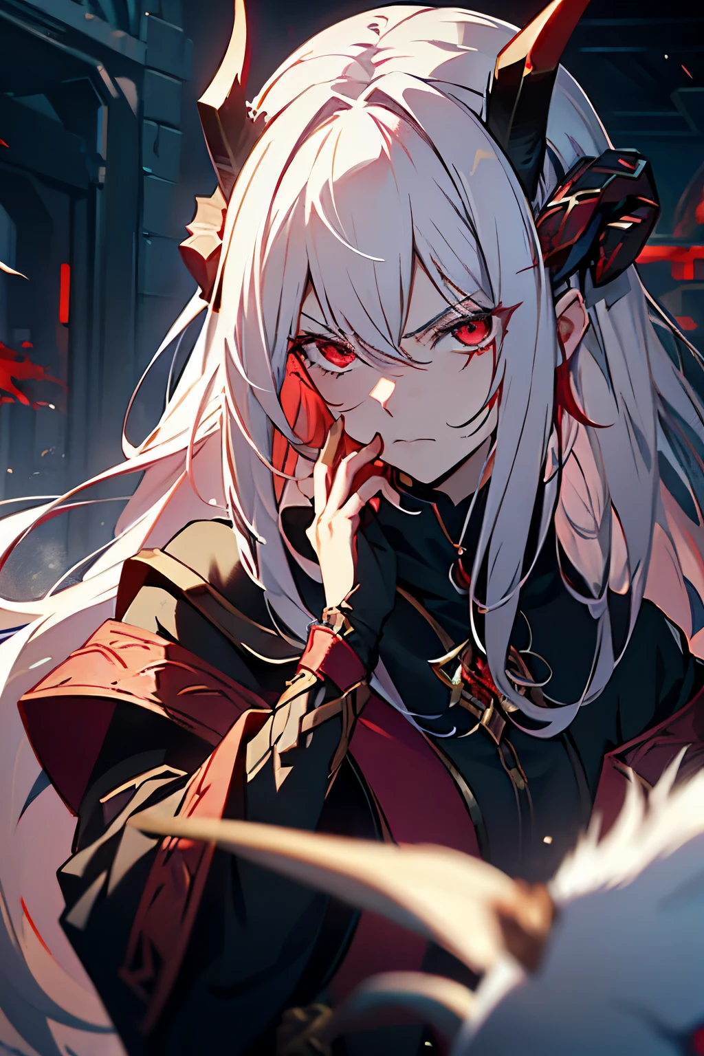 With white hair with a red strand and red eyes,,A melancholy expression that stirs affection,side face,floating hair,light particles,glare,vivid,fancy,dreamlike,a dim atomshpere, ((girl)) ((Goat Horns)) ((Dark Fantasy)) ((Elden Ring)) ((tech clothes)) ((Serious expression)) ((Blood queen))