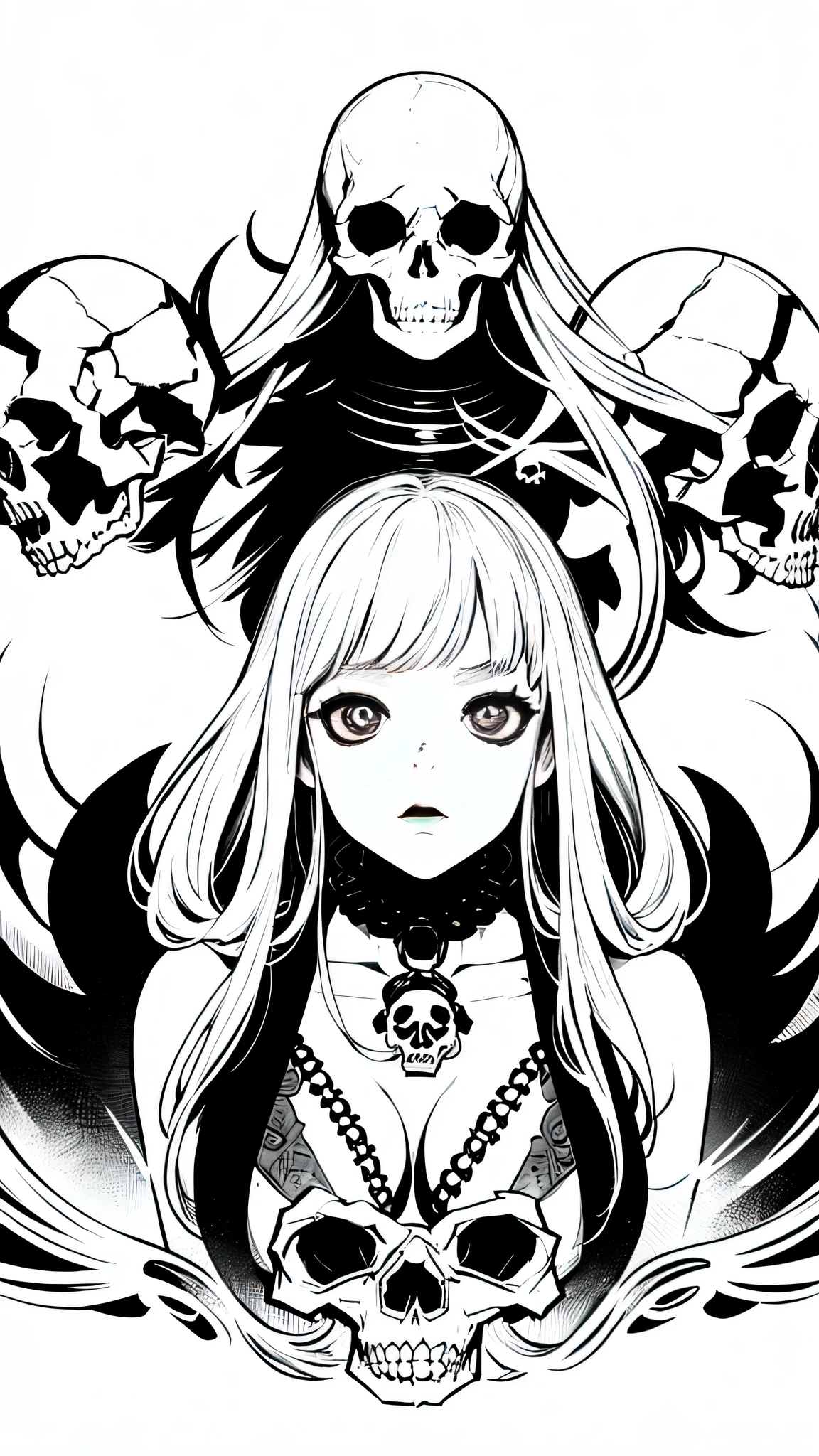 (Beautiful Hardcore Illustration homepage illustration style, high resolution, 8k, basic color black and white, hard touch illustration), strong outline:1.2, 1 girl, gothic & lolita style, gothic & lolita fashion, American comic style, Art Déco style background, aggressive, beautiful face, cool beauty, dress, Hard illustration, 
