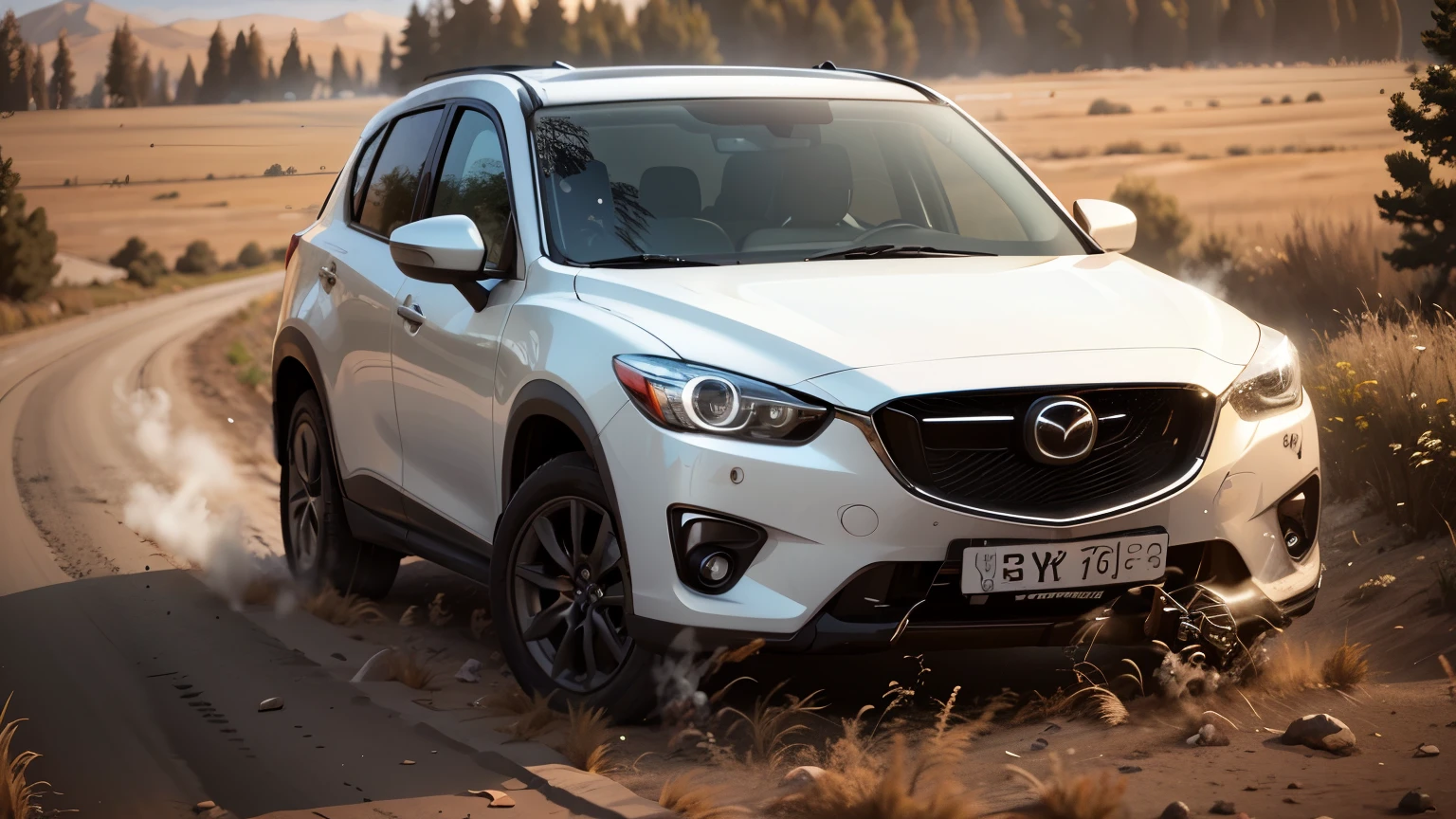 White Mazda SUV parked on a dirt road in a field, scenic full plan, wide full shot, cinematic front shot, 3 / 4 extra - wide angle frame, ultra realistic", ultra realistic", photorealistic", photorealistic", aleksander rostov, wide shot, wide angle - shot, wide shot, средний wide shot, Medium wide frontal shot