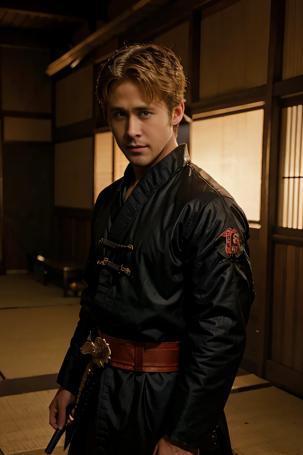 Ryan Gosling Ninja in traditional 18th century samurai clothing