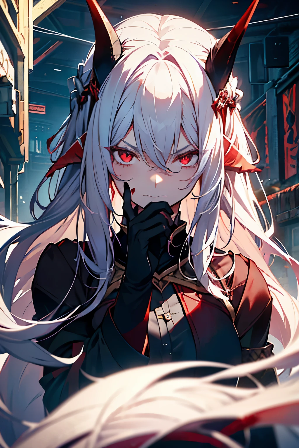 With white hair with a red strand and red eyes,,A melancholy expression that stirs affection,side face,floating hair,light particles,glare,vivid,fancy,dreamlike,a dim atomshpere, ((girl)) ((Goat Horns)) ((Dark Fantasy)) ((Elden Ring)) ((tech clothes)) ((Serious expression)) ((Blood queen)) ((corrupted))