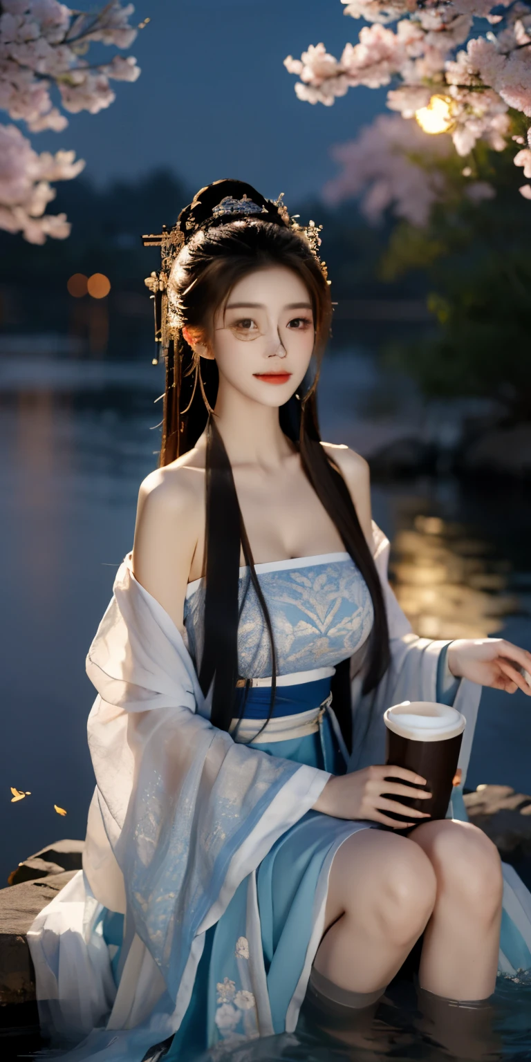 The viewer’s perspective is from above,masterpiece,real photos,(solo) Real light and shadow,Backlight,Contour light,Shallow depth of field。night time,A beautiful Chinese woman with long reddish-brown hair is sitting by the hot spring water and holding a large cup of Starbucks coffee,looking into camera, Wearing red gorgeous Hanfu,The moonlight shines through her clothes onto her skin,Fireworks are set off by the lake with a full moon in the background,Surrounded by cherry blossom trees,The petals are scattered in the air and on the ground in the wind,Fireflies flying everywhere