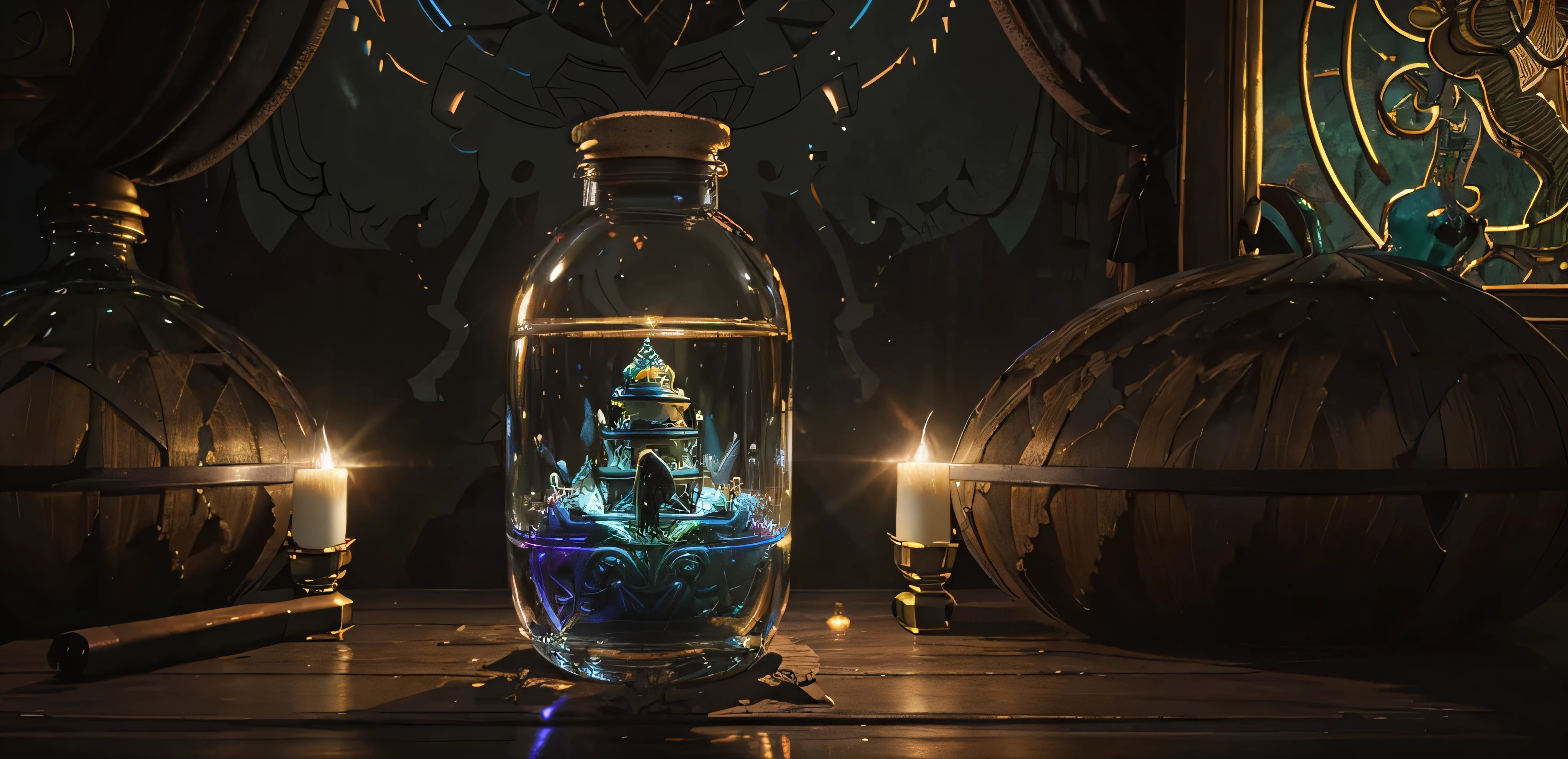 (An intricate Bali minitown landscape trapped in a bottle), atmospheric oliva lighting, on the table, 4k UHD, dark vibes, hyper detailed, vibrant colours, epic composition, octane render, sharp focus, high resolution isometric