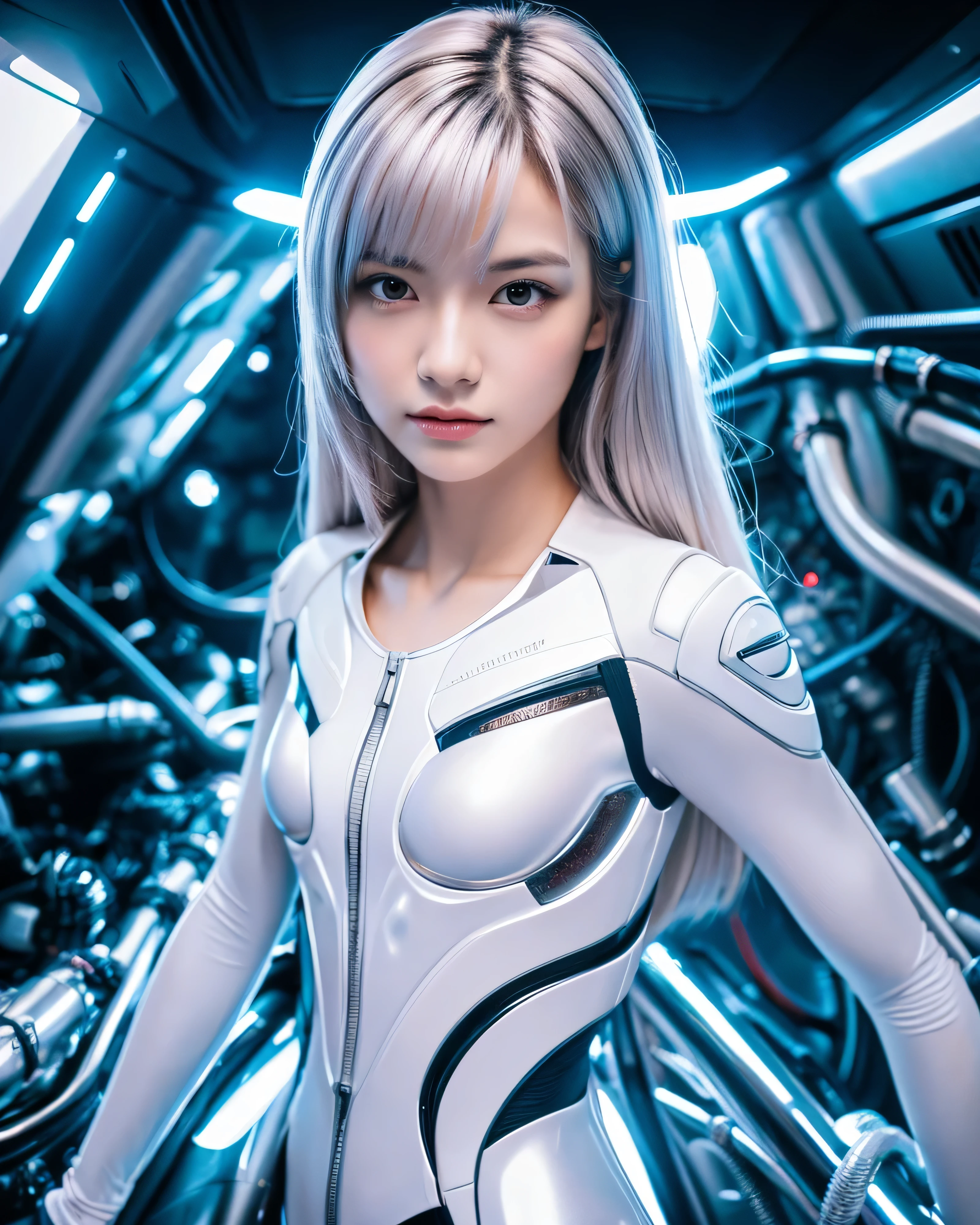 The woman with glistening platinum hair, clad in shiny armor, confidently gripping a Gatling gun.