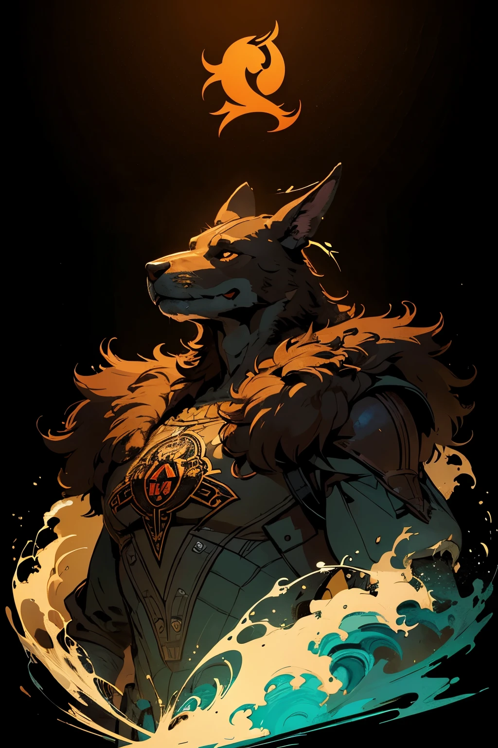 [brown dog] Heraldic silhouette, logo masking style illustration, by dan mumford, by greg rutkowski, by james jean, black background, fantasy art, mysterious, realistic, majestic, rich vibrant colors, high contrast, seamless water brand, artstation, deviantart, dribble, redbubble, teepublic, sharp focus, simple, hyper detailed, detailed drawing, vectorize, outline, isometric style, 8k."