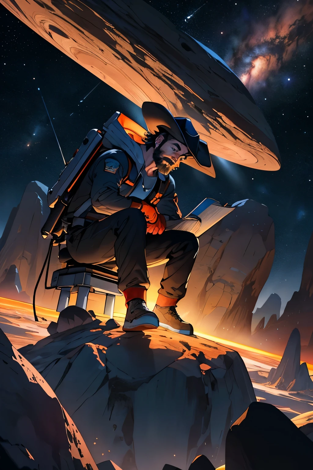 Draw a young programmer, sitting on a research platform floating in the middle of an asteroid belt. He is studying with a notebook, surrounded by several asteroids glowing with fiery auras. Dramatic lighting from distant stars and planets illuminates the scene, casting deep shadows on the suit. The young man looks confident and determined, looking at the vast and mysterious universe with wonder and respect,facial hair, cowboy shot,