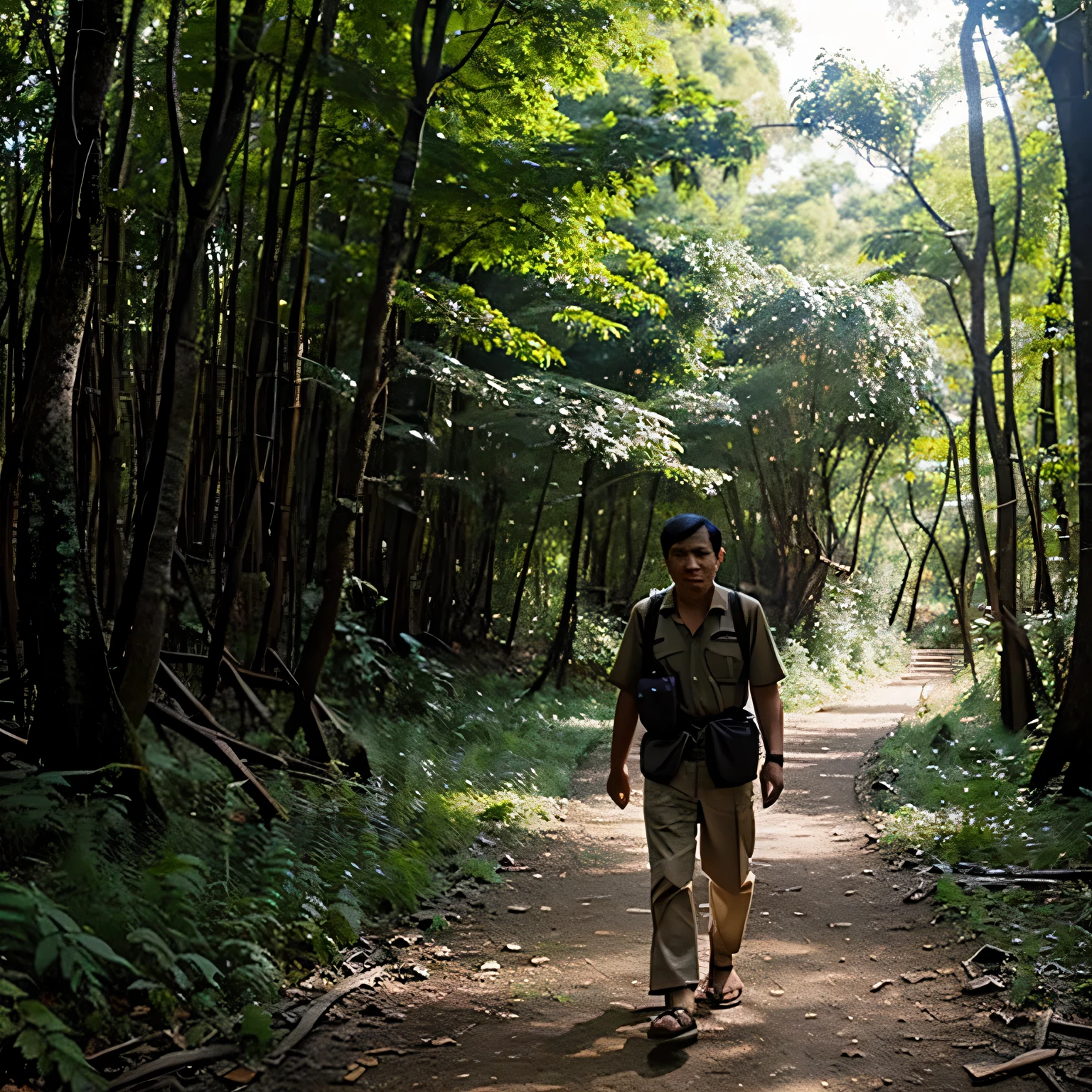 A thai man local hunter walking into the Thai woods