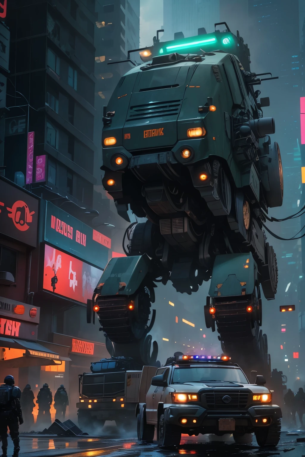 Cyberpunk New York City - Sky dominated by holographic advertisements and neon signs casting a harsh, flickering glow. Towering megastructures pierce the clouds, casting long shadows over decaying tenements below. Rain slicks the streets, reflecting the distorted cityscape in shimmering puddles. Truck: A massive, armored juggernaut of a truck. Imagine a monstrous welding of military surplus and black market tech. Mounted weaponry: Gatling guns bristle on the turret, glowing with residual heat. Missile pods flank the cab, their warheads glinting ominously. Searchlights stab through the gloom, illuminating fleeting glimpses of graffiti-laden walls and flickering neon signs advertising illegal wares. Action: The truck patrols a deserted avenue, engine growling like a hungry beast. Security drones buzz nervously around it, their red scanner lights adding to the tense atmosphere. Armed figures clad in black combat gear emerge from the shadows, their faces obscured by mirrored visors. They hunch towards the truck, a sense of urgency in their movements.