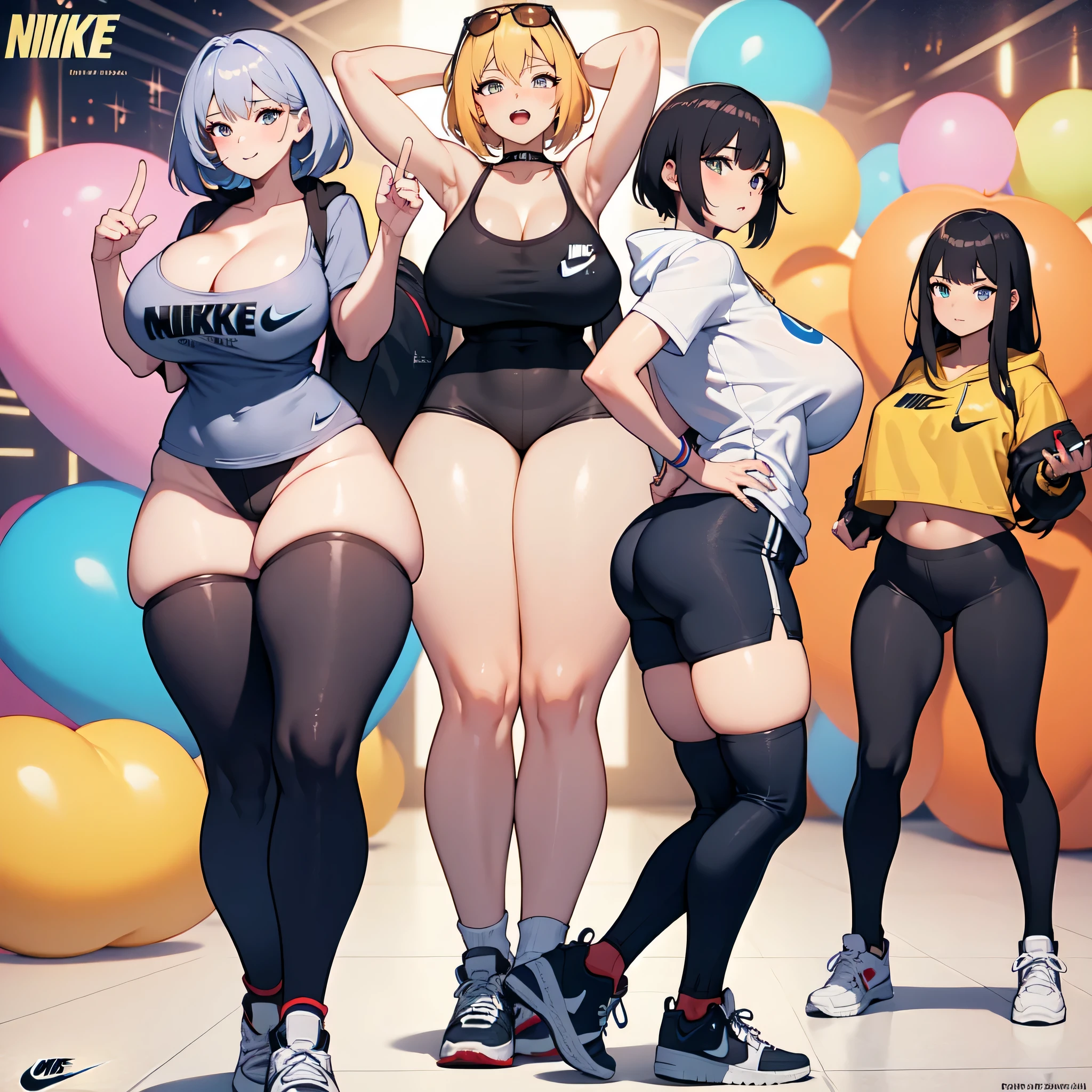 A woman with gigantic thighs and butt wearing thigh socks a oversized hoodie with Nike Air Force one shoes partying in a disco room with her short and skinny friend who has small thighs a small but and a very small breast wearing loose cargo pants with a nice t shirt