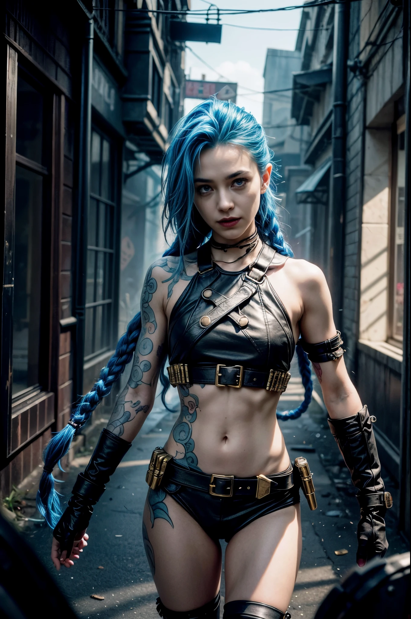 ((Best quality)), ((masterpiece)), (highly detailed:1.3), 3D, arcane style,In the dark and courageous dystopian city of Piltover, plagued by violence and divided into two opposing factions, a young prodigy named Jinx emerges. Having endured unimaginable loss and abandonment, she embraced a life of chaos and destruction. Known for her inventive and explosive abilities, Jinx becomes an icon of rebellion against the oppressive forces that control the city. However, haunted by guilt and battling inner demons, she must confront her past and decide whether to continue on the path of anarchy or seek redemption amid the turmoil. Explore Jinx's journey as she navigates a treacherous world, fighting for survival, unlocking secrets, and discovering the true meaning of her twisted existence, chaos reigns supreme, and at the center of it all is Jinx, the embodiment of unpredictability. Delve deep into Jinx's twisted mind, exploring the origins of his madness and the driving force behind his destructive nature. Unravel the moments that shaped her into the crazed, iconic character we know. Take us on a wild journey through the vibrant streets of Piltover and the shadowy suburb of Zaun as Jinx wreaks havoc with his explosive arsenal. Can redemption find its way into Jinx's fractured soul? Or will she dance forever on the edge of sanity, embracing the chaos that fuels her very existence? Arcane's fate hangs in the balance as Jinx's path intertwines with unlikely allies and formidable enemies. Ignite your imagination and paint a vivid portrait of Jinx's distorted psyche, capturing the essence of her madness and the indomitable spirit that defines it, HDR (High Dynamic Range), Ray Tracing, NVIDIA RTX, Super-Resolution, Unreal 5, Subsurface Scattering, PBR Texturing, Post-processing, Anisotropic Filtering, Depth of Field, Maximum Clarity and Sharpness, Multit Textures