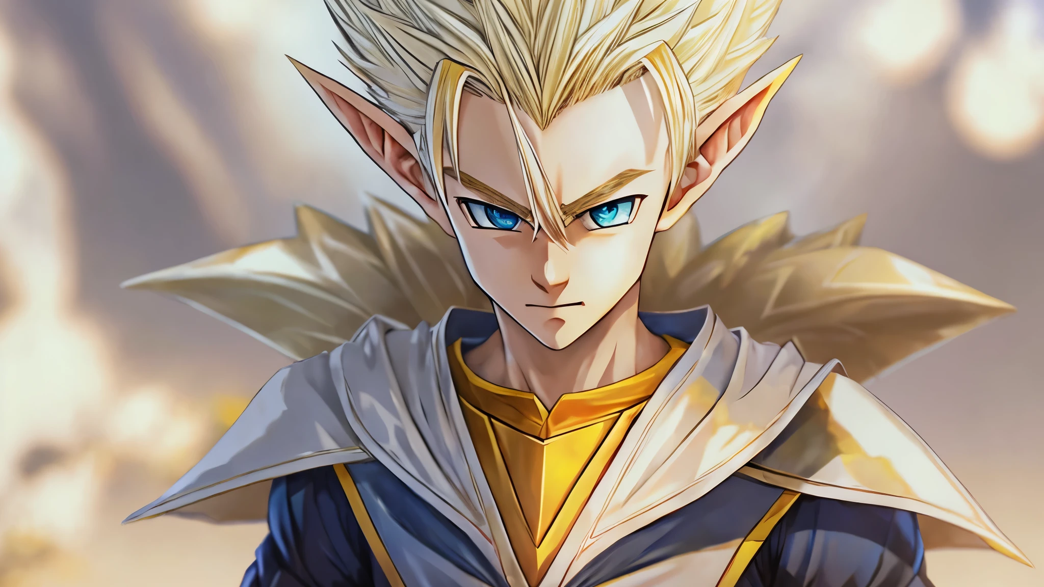(masterpiece), 8k, best quality, elf boy, naïve, male, teenager, 14 years old, white skin, thin body, pointed elf ears, beautiful finely detailed silver eyes, high forehead, yellow blonde spiky hair like Gohan from the anime dragon ball (super sayajin), Incredibly handsome, conservative elven clothing, walking, talking,