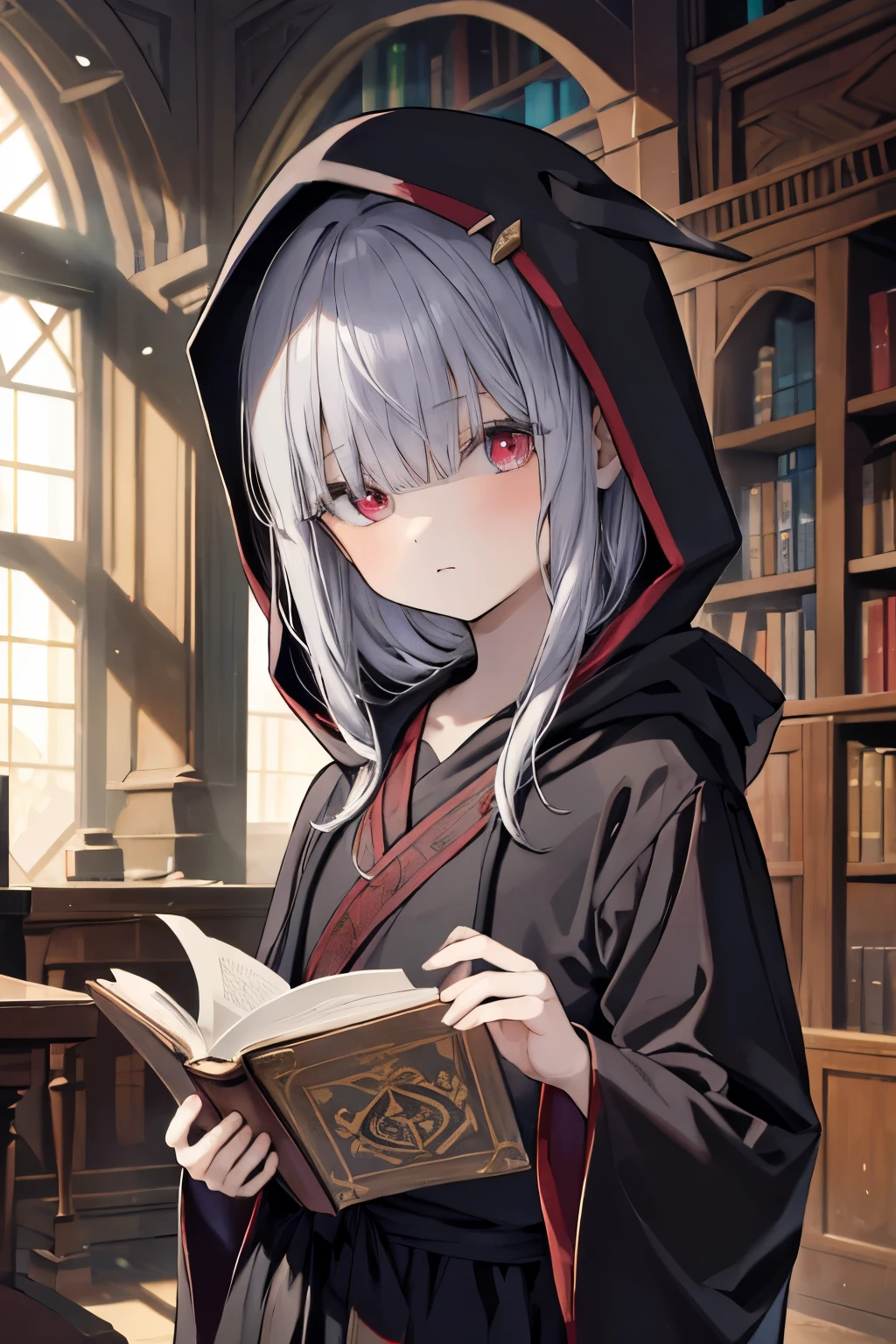 ((masterpiece)), ((highest quality)), ((High resolution)), ((finely)),anime coloring,Wizard of the fantasy world,1 boy, cute boy,Eyes hidden by long bangs,Messy silver short hair,red eyes,embarrassing,girl&#39;s face,Long black robe with integrated gold embroidered hood,He holds a magic book under his arm.,Upper body,Inside a deserted library,wearing a hood,Delicate and childish appearance