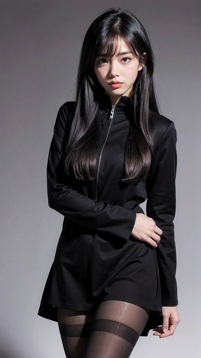 1 girl,alone,pantyhose,torn pantyhose,torn clothes,black hair,long hair,