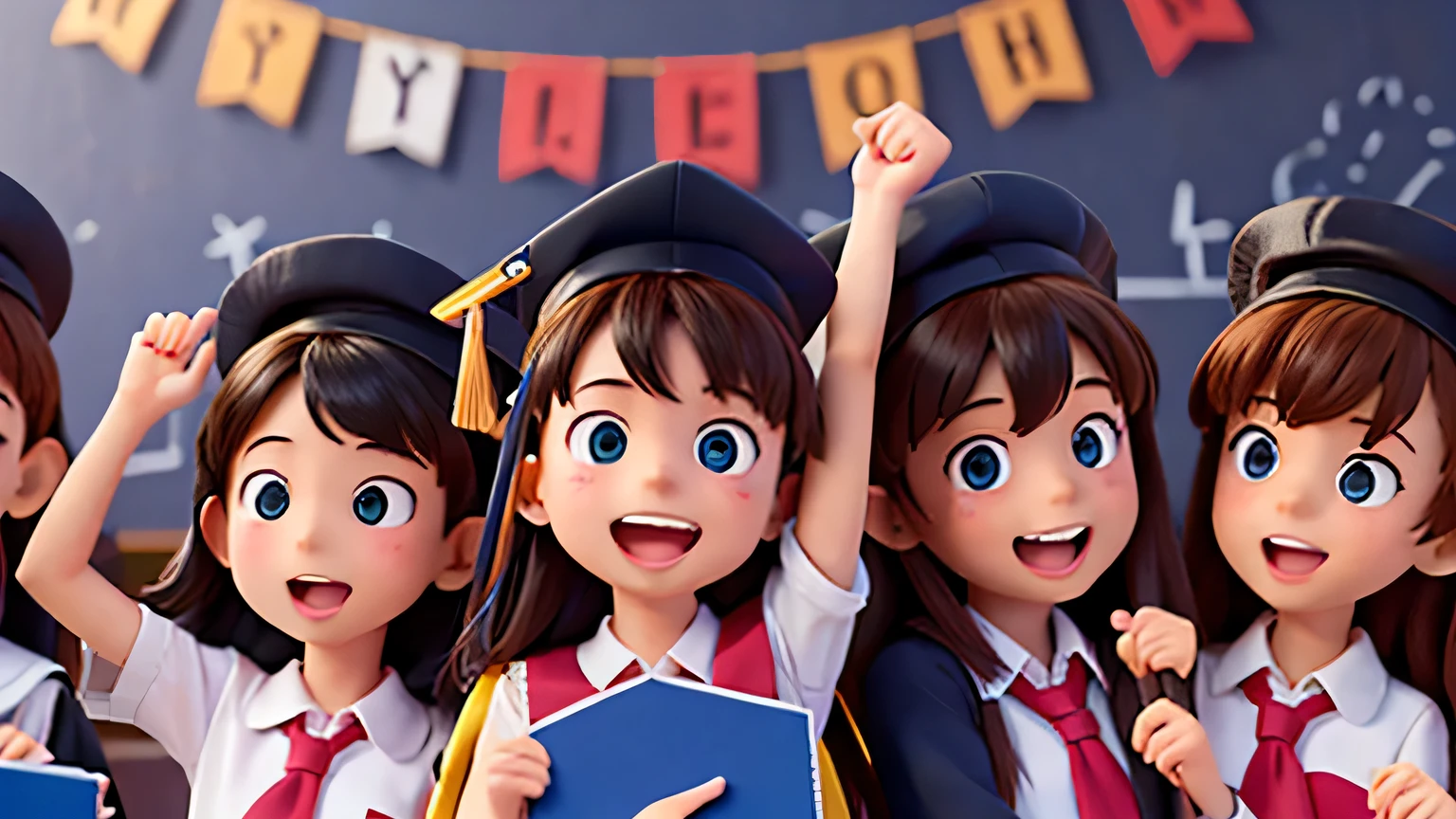 School children celebrating their graduation ceremony happily