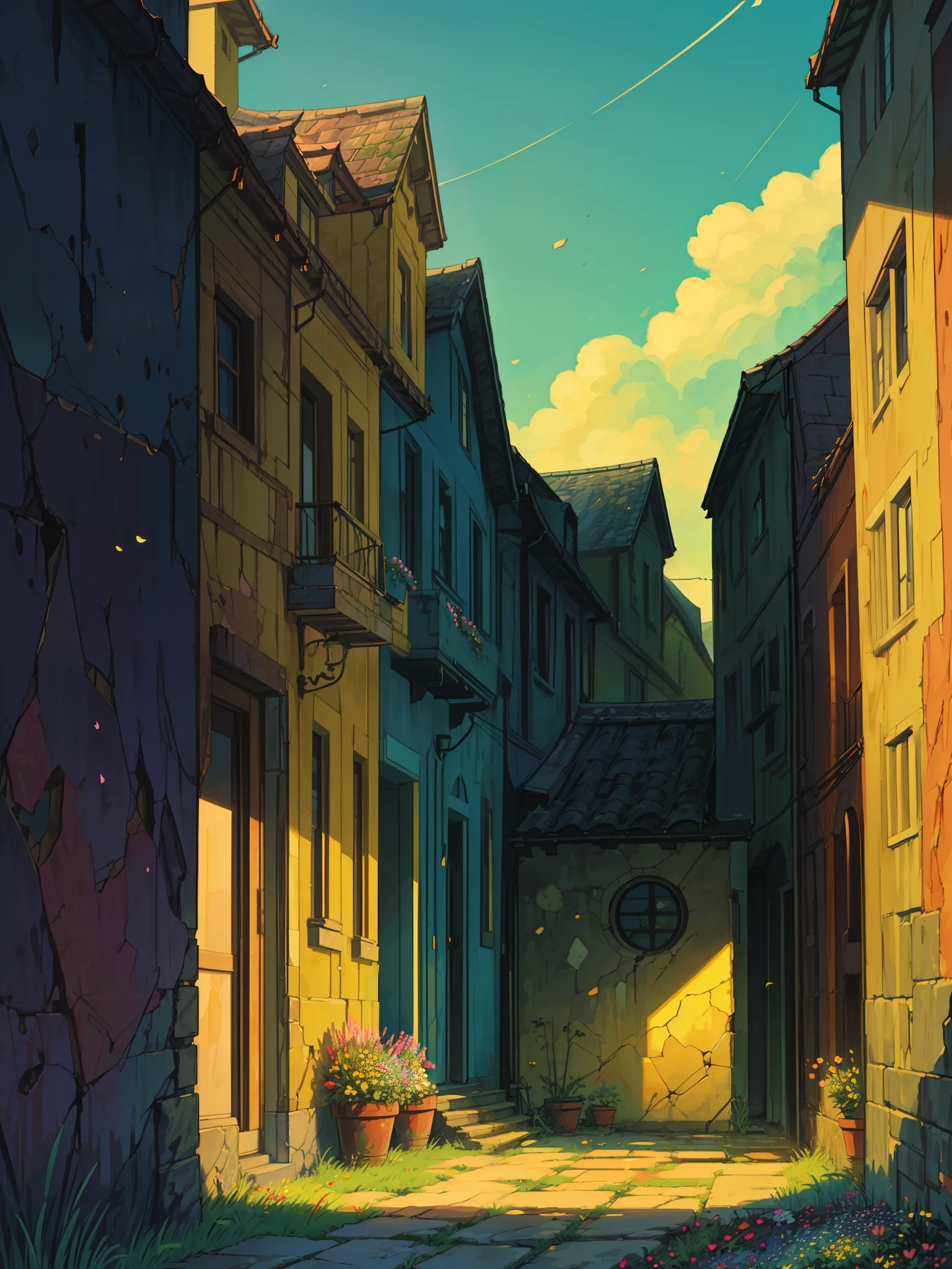 (masterpiece:1), (front view:1.7), (front view of beautiful two storey yellow house:1.6), (greenery:1.3), (flower pots in balconies:1.5), (day time:1.3), silence, (blue cloudy sky:1.4), (floral patterns on the walls:1.5), (soft glow of vibrant tones:1.4), (sunlight:1.5), magnificent sky, (volumetric light:1.2), peaceful, (faded wall paint:1.5), (long grass:1.3), (ghibli style:1.3), (cracked walls:1.5), (stairs:1.4), (beautiful aesthetics:1.2), (plant pots:1.4), beautiful tones, subtle colors, peaceful, (illustration: 1.0), epic composition, realistic lighting, (no human:1.6), HD details, masterpiece, best quality, ,