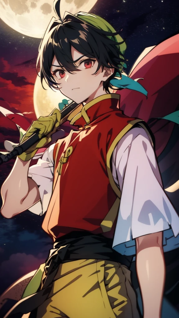 (high-quality, breathtaking),(expressive eyes, perfect face) ( masterpiece, anime screencap), Tir McDohl, 1boy, male, solo, young adult, medium hair length, spiky hair, soft wave, black hair color, red highlights in hair, deep red eye color, calm expression, mature, kind expression, haunting red background, slightly narrow eyes, detailed eyes, bandana, chinese clothes, red shirt, white sleeves, yellow pants, cowboy shot, starry night sky, moon, outdoors, light, cyan