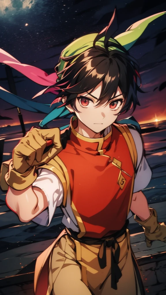 (high-quality, breathtaking),(expressive eyes, perfect face) ( masterpiece, anime screencap), Tir McDohl, 1boy, male, solo, young adult, medium hair length, spiky hair, soft wave, black hair color, red highlights in hair, deep red eye color, calm expression, mature, kind expression, haunting red background, slightly narrow eyes, detailed eyes, bandana, chinese clothes, red shirt, white sleeves, yellow pants, cowboy shot, starry night sky, moon, outdoors, light, cyan