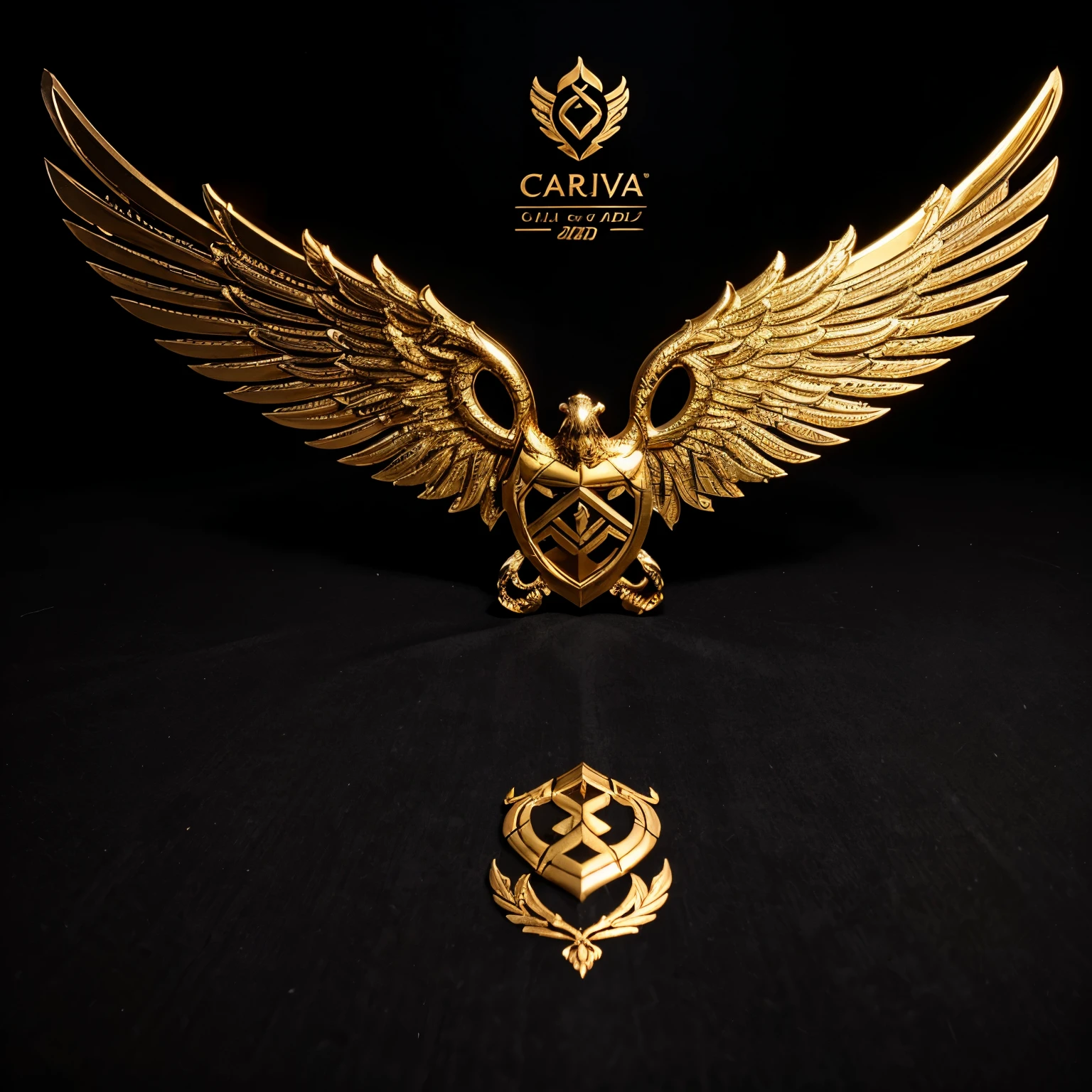create a gold, silver and carbon patterned logo with the words Deky Wijaya with Garuda wings on the left and right with 8k resolution