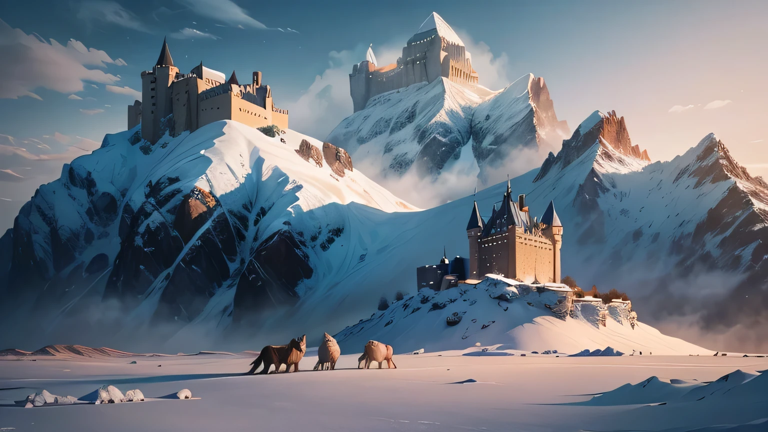 A castle with rugged landscape dominated by icy mountains and frozen tundras. Snow-capped peaks tower over a solitary fortress, its battlements glistening with frost. In the distance, a pack of wolves roams the snow-covered plains, their breath forming misty clouds in the frigid air."