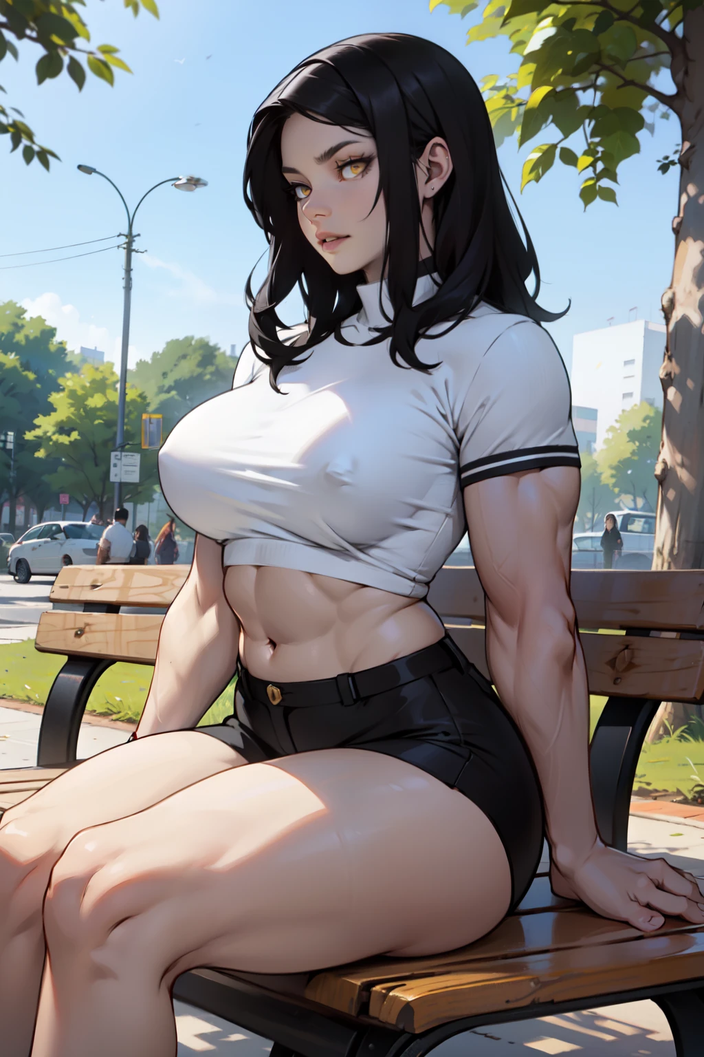 a muscular woman with large breasts sitting on a park bench black hair yellow eyes pale skin