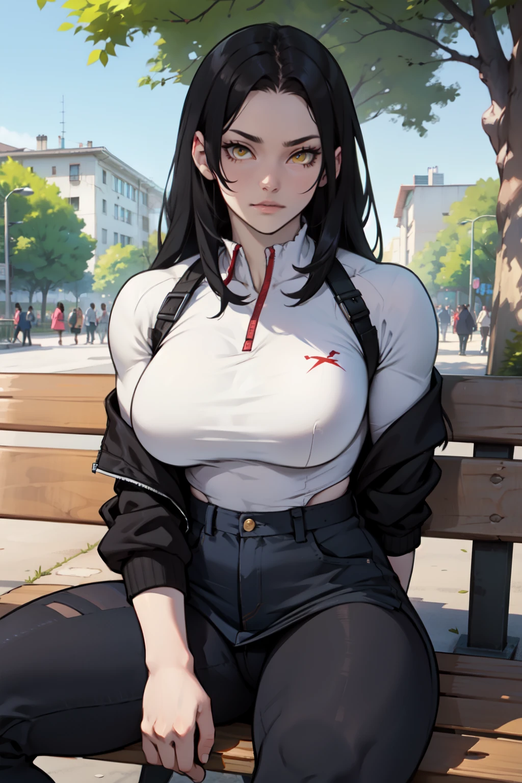 a muscular woman with large breasts sitting on a park bench black hair yellow eyes pale skin