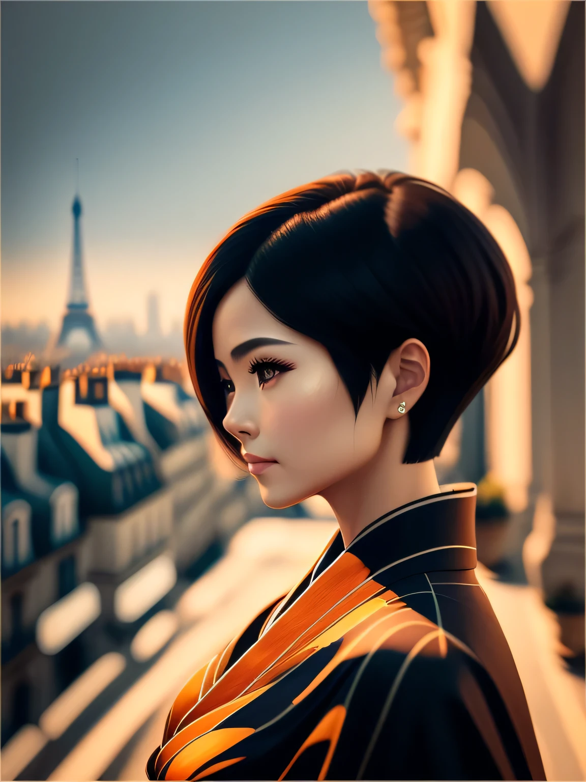 (Top Quality, 16k, Masterpiece: 1.3)), 1 Girl, Sharp Focus: 1.2, Beautiful Women with Perfect Figure: 1.4, Slender Abs: 1.2, (((Short Bob Hair)), ((Small: 1.4)), ((Beautiful Face Idol: 1.3)), (Transparent Fabric Kimono 1.5)), Highly Detailed Face and Skin Texture, Detailed Eyes, Double Eyelids, (((Pause)), (Seductive)), Walking, Paris cityscape, low angle, shot from below