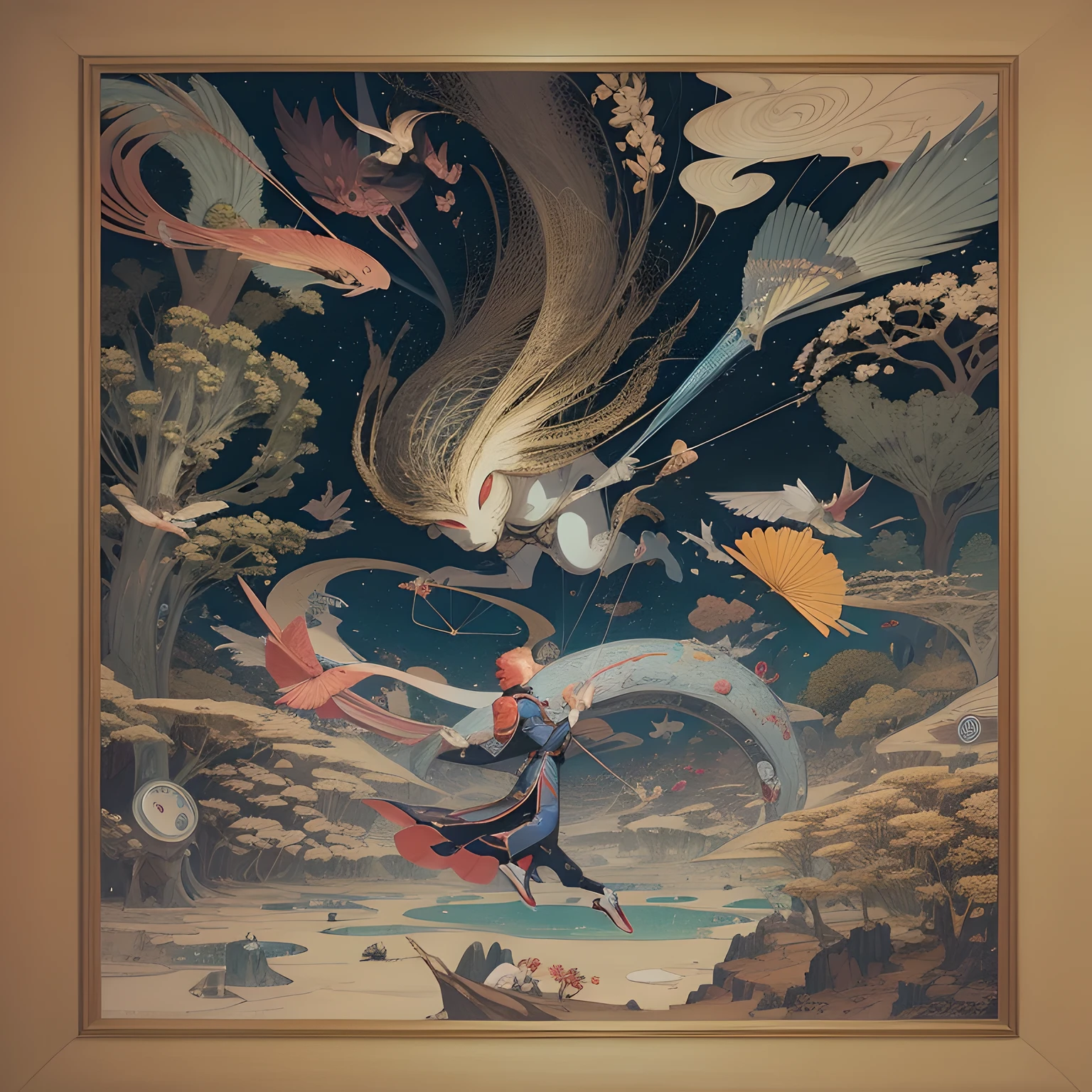 painting of a painting of a man flying a kite in the sky, victo ngai and tristan eaton, victo ngai and surrealism, botticelli and victo ngai, inspired by Victo Ngai, james jean and victo ngai, victo ngai style, victo ngai! muted colors, inspired by Tosa Mitsuoki, frame